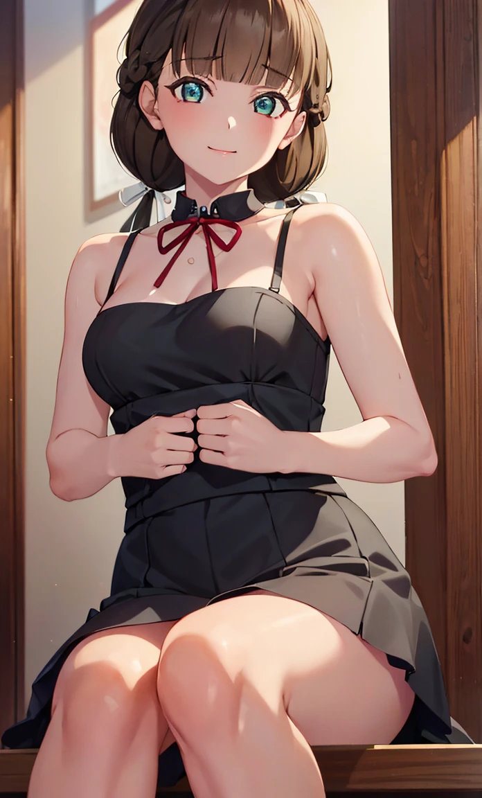 girl ,  on couch,  brown hair ,  medium breasts, long sleeves, rectangular eyewear, black-framed eyewear,  open-chest sweater, long sweater dress, short hair with long locks, off-shoulder sweater, black panties, thighhighs, black sweater, sleeves past wrists, expressionless,  heart choker, garter straps, frilled panties,  sitting, hand on own face, panties under clothes, ((sleepy)), half-closed eyes, brown eyes, expressionless
