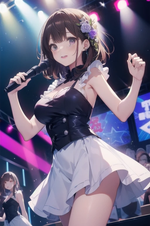 Adult women、Exact finger count、Exact number of legs、Exact number of arms、bangs, Ribbon Ponytail, Brown Hair, (blush:1), Fingering, (Pussy juice:1.2), Cum in mouth, (A woman is holding a microphone and trying to sing:1.5)、White and navy idol costume、The costume comes with a navy blue idol-style corset.., The costume has a ribbon on the collar..、The costume covers up to the shoulders, side, upper arm, and arms., That costume only has a wide opening at the chest.、Knee-high socks、White idol-style skirt,Ribbon at collar., White lace bra:1.2), , Knee socks、 Beautiful big breasts, (Erect nipples:1), The skirt is rolled up、highest quality, High resolution, (Fine and beautiful eyes:1.6), Highly detailed face, Perfect lighting, Extremely detailed CG, (Perfect hands, Perfect Anatomy),Embarrassed look、The expression of someone who is holding back from going to the toilet, (Sexual pleasure expression:1.4), (Anguished expression:1.2)、close your eyes、Sexy appearance、Look Up、Mouth half open、climax、(Live Stage、A large audience:1.3)、whole body、((Completely naked lower body in full view))、((No underwear))