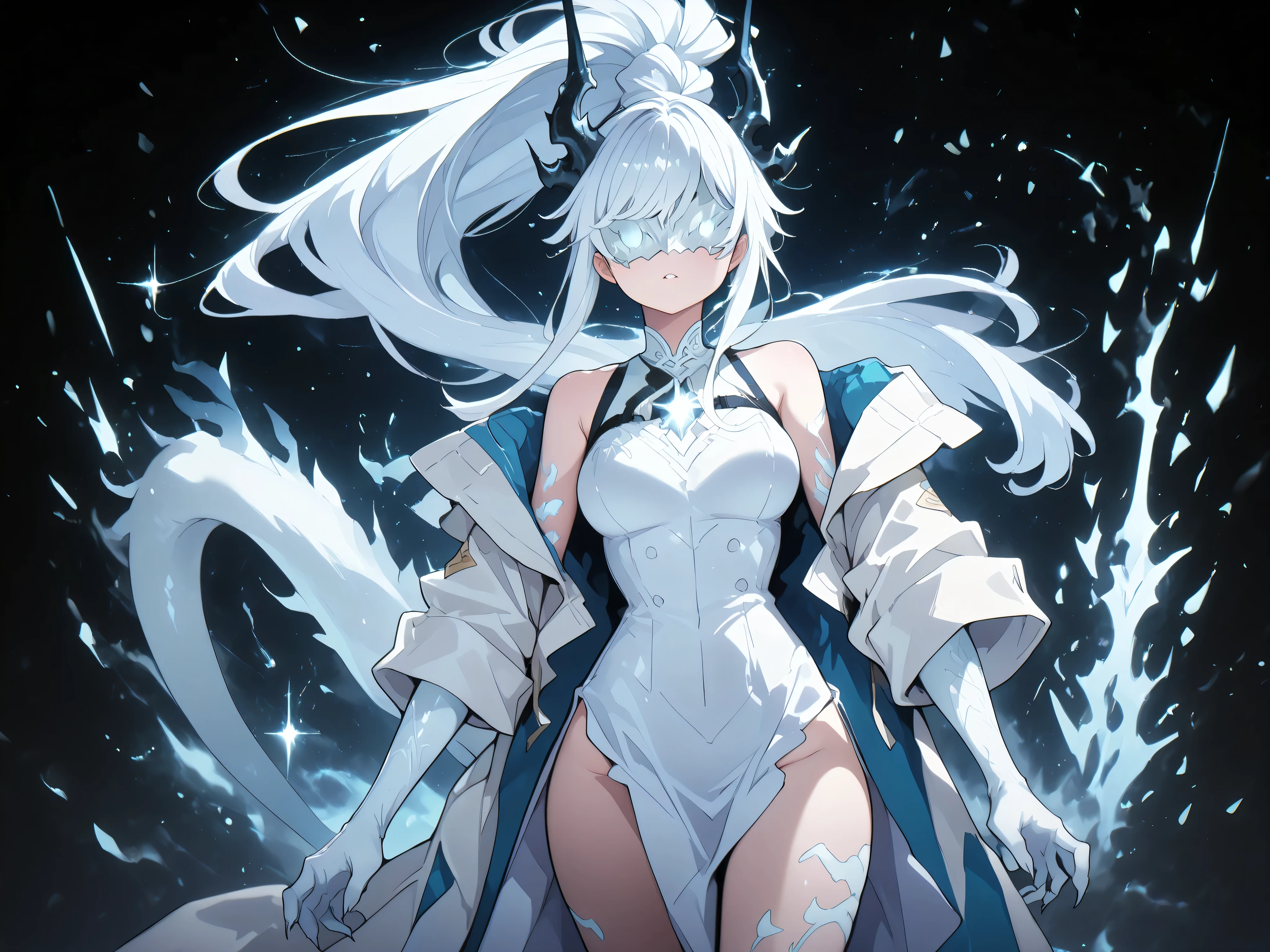 Alone, 1 girl, white energy hair, hairstyle like Reed the Flame Shadow from Arknights, tied in a long ponytail, eyes covered by a silver mask with the same design as the Ice Queen's mask from Return of the Frozen Player, perfect, student, young character, short character, character 1.50 meters tall, eyes covered by a silver mask with the same design as the Ice Queen's mask from Return of the Frozen Player, wearing the Ice Queen's mask from Return of the Frozen Player, mask hiding the eyes, eyes completely hidden by the mask, no eye slit in the mask;
White hands and arms like energy, white feet and legs like energy, hands with claws, feet with claws, dragon tail, white tail, white flame on the tip of the tail, horns of Reed the Flame Shadow (arknights Reed the Flame Shadow), long black horns, white hands and arms, white markings on the body, white feet and legs, claws on the hands and feet, white arms, white markings on the arms, shoulders, and thighs;
White energy coat designed by Reed from "Arknights," coat with gold military medals, long sexy black Chinese dress with gold details, coat falling down the arms, arms and shoulders exposed, facing the viewer, face to face, black background, sexy pose, l1d4, medium breasts, small waist, wide hips, short character, character is a young girl;
sexy pose, looking at the viewer, face to face, confidence, cute expression, attacking stance, eyes covered by a silver mask with the same design as the Ice Queen mask from Return of the Frozen Player, wearing the Ice Queen mask from Return of the Frozen Player;
Pay attention to the required colors, maximum resolution, height, and build of Terakomari Gandesblood from "The Vexation of a Shut-in Vampire Princess," young character, short character, character 1.50 meters tall