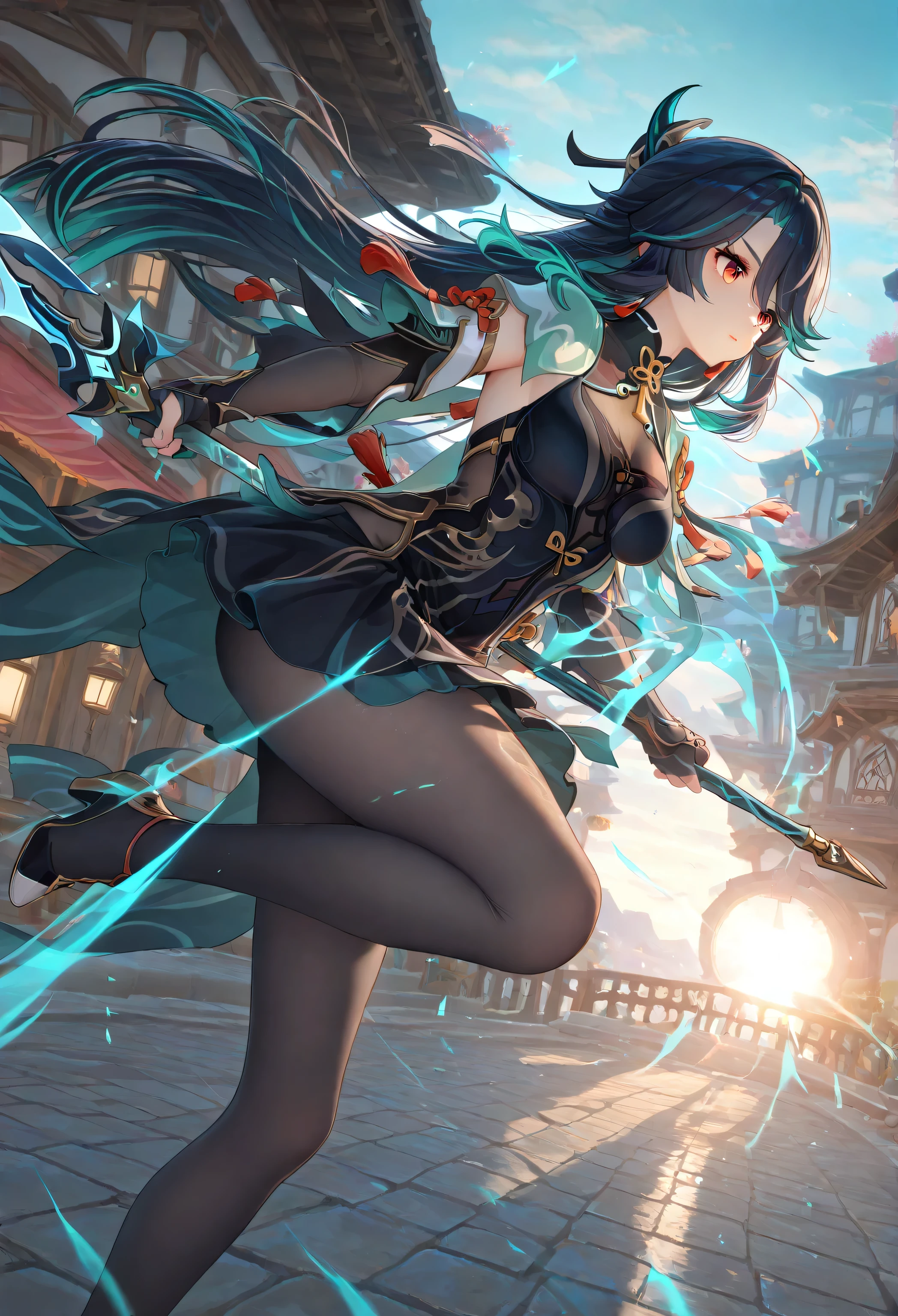 1 girl, From_Shen He\( Genshin\),skirt,skirt,Lace, Dynamic fighting, outdoor, highly detailed, High Contrast, ray tracing, best lighting , Cinematic Composition, Pretty faces ,best quality, Very beautiful, Ultra High Resolution, detailed background, comics, Pastel Details ,See, Cafe with a soft atmosphere , style, solo,well-crafted hair and eyes,holding a weapon,Advanced CG illustration