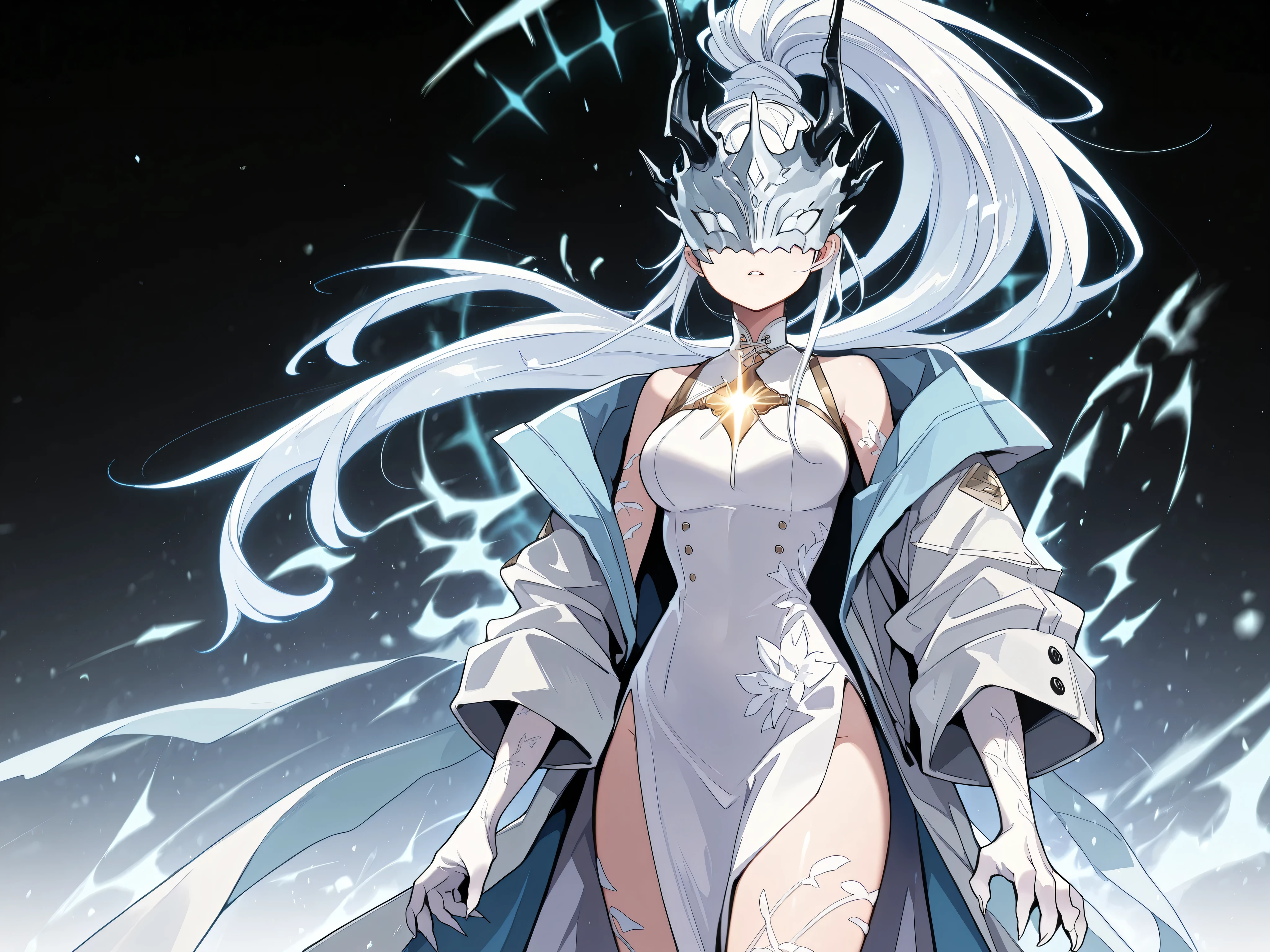 Alone, 1 girl, white energy hair, hairstyle like Reed the Flame Shadow from Arknights, tied in a long ponytail, eyes covered by a silver mask with the same design as the Ice Queen's mask from Return of the Frozen Player, perfect, student, young character, short character, character 1.50 meters tall, eyes covered by a silver mask with the same design as the Ice Queen's mask from Return of the Frozen Player, wearing the Ice Queen's mask from Return of the Frozen Player, mask hiding the eyes, eyes completely hidden by the mask, no eye slit in the mask;

White hands and arms like energy, white feet and legs like energy, hands with claws, feet with claws, dragon tail, white tail, white flame on the tip of the tail, horns of Reed the Flame Shadow (arknights Reed the Flame Shadow), long black horns, white hands and arms, white markings on the body, white feet and legs, claws on the hands and feet, white arms, white markings on the arms, shoulders, and thighs;

White energy coat designed by Reed from "Arknights," coat with gold military medals, long sexy black Chinese dress with gold details, coat falling down the arms, arms and shoulders exposed, facing the viewer, face to face, black background, sexy pose, l1d4, medium breasts, small waist, wide hips, short character, character is a young girl;

sexy pose, looking at the viewer, face to face, confidence, cute expression, attacking stance, eyes covered by a silver mask with the same design as the Ice Queen mask from Return of the Frozen Player, wearing the Ice Queen mask from Return of the Frozen Player;

Pay attention to the required colors, maximum resolution, height, and build of Terakomari Gandesblood from "The Vexation of a Shut-in Vampire Princess," young character, short character, character 1.50 meters tall