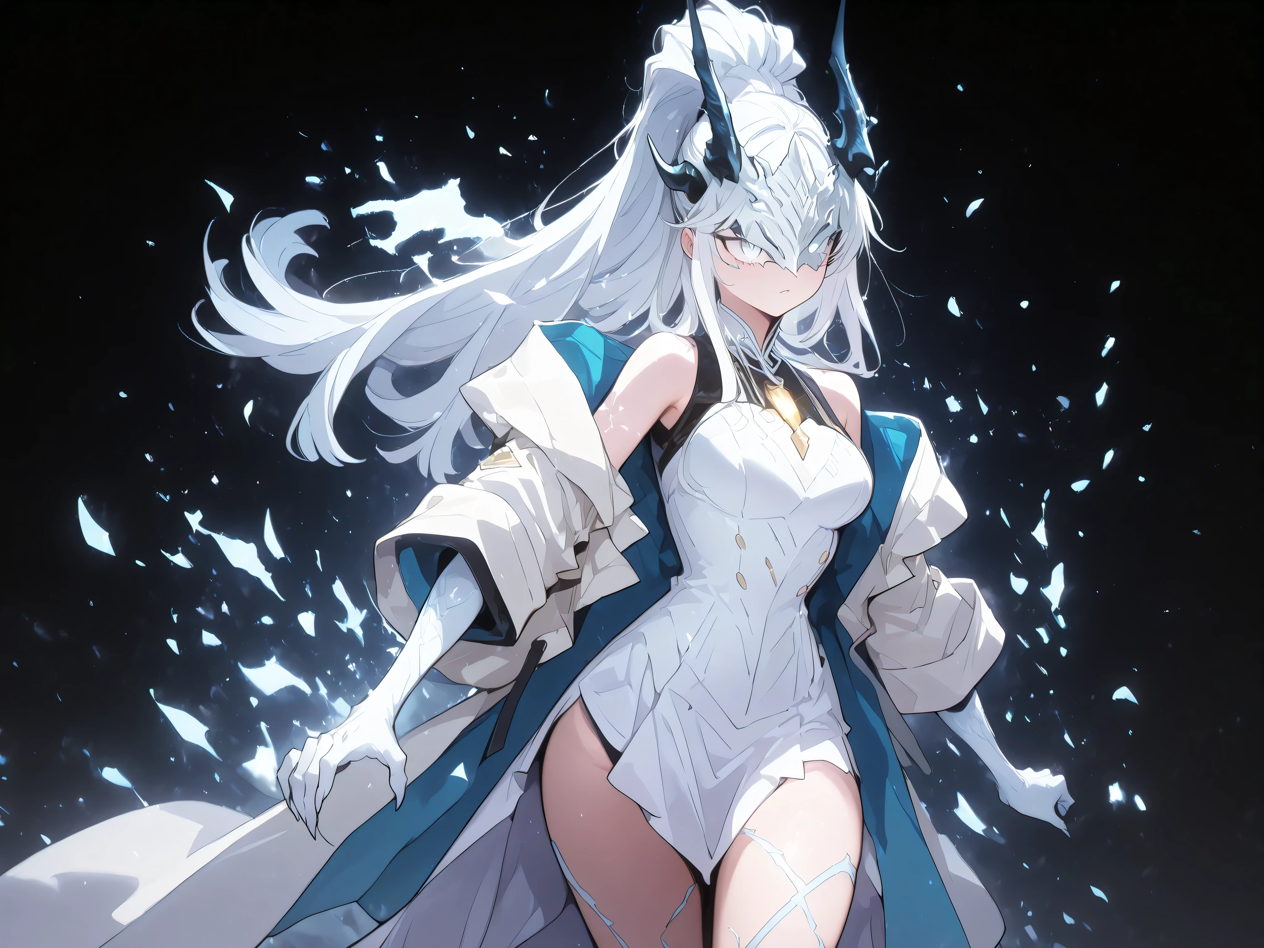 Alone, 1 girl, white energy hair, hairstyle like Reed the Flame Shadow from Arknights, tied in a long ponytail, eyes covered by a silver mask with the same design as the Ice Queen's mask from Return of the Frozen Player, perfect, student, young character, short character, character 1.50 meters tall, eyes covered by a silver mask with the same design as the Ice Queen's mask from Return of the Frozen Player, wearing the Ice Queen's mask from Return of the Frozen Player, mask hiding the eyes, eyes completely hidden by the mask, no eye slit in the mask;
White hands and arms like energy, white feet and legs like energy, hands with claws, feet with claws, dragon tail, white tail, white flame on the tip of the tail, horns of Reed the Flame Shadow (arknights Reed the Flame Shadow), long black horns, white hands and arms, white markings on the body, white feet and legs, claws on the hands and feet, white arms, white markings on the arms, shoulders, and thighs;
White energy coat designed by Reed from "Arknights," coat with gold military medals, long sexy black Chinese dress with gold details, coat falling down the arms, arms and shoulders exposed, facing the viewer, face to face, black background, sexy pose, l1d4, medium breasts, small waist, wide hips, short character, character is a young girl;
sexy pose, looking at the viewer, face to face, confidence, cute expression, attacking stance, eyes covered by a silver mask with the same design as the Ice Queen mask from Return of the Frozen Player, wearing the Ice Queen mask from Return of the Frozen Player;
Pay attention to the required colors, maximum resolution, height, and build of Terakomari Gandesblood from "The Vexation of a Shut-in Vampire Princess," young character, short character, character 1.50 meters tall