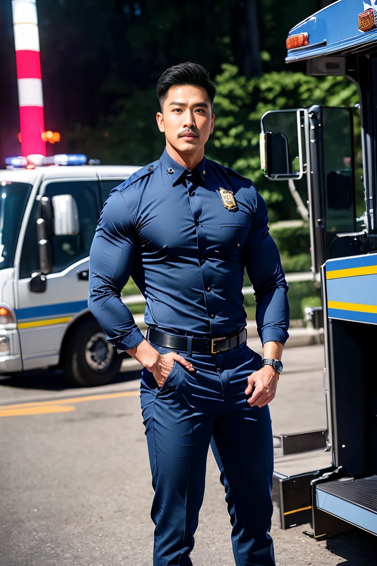 Realistic, Masterpiece, Asian handsome，Best quality, Cinematic lighting, naturalshadow, Highest detail, Professional photography, Detailed background, Depth of field, insanely details, Intricate, Aesthetic, Detailed face, Subsurface scattering, photo-realistic hair, Realistic eyes, Muscular, Masculine, Big Pectoral Muscles, Photo of a handsome man, (30 age old), bodyhair, black in color, Open clothes, shirt, belt, Pants, baton, police station, Hat, Dynamic pose, Office, window,The crotch is raised