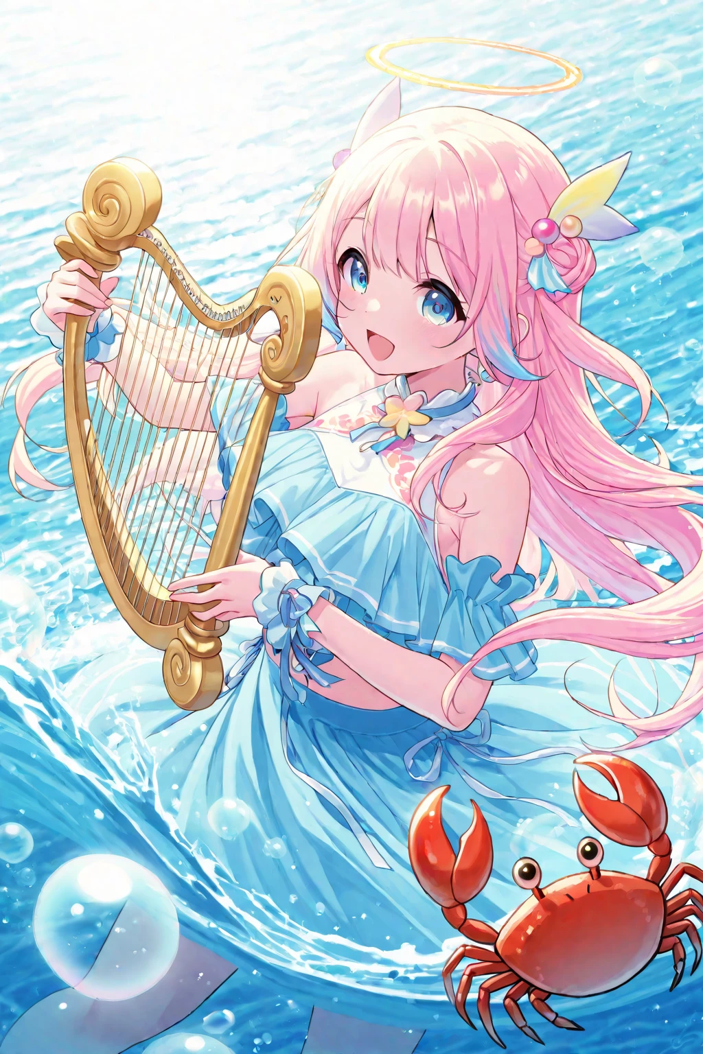 blue archive style,shikitani_asuka,ray tracing,nilou \(genshin impact\),blue gemstone,horns,looking to the side,on water,ocean,nsfw,wariza,see-through swimsuit,ripples,water drop, full body,see-through,gradient background,harp, playing harp,barefoot, <lora:harp:1>