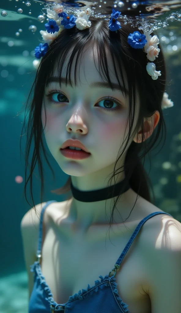 masterpiece, best quality, best shadow, depth of field, photorealistic, hyper realistic, realistic skin texture, ultra detailed, 1 girl, solo, fit body, black hair, perfect face, detailed face, looking at viewer, underwater, (white dress), A shot with tension(Visual impact, giving the image a dynamic and visually striking appearance:1.2), aesthetic pose,(swimming), beautiful coral reef, close up,