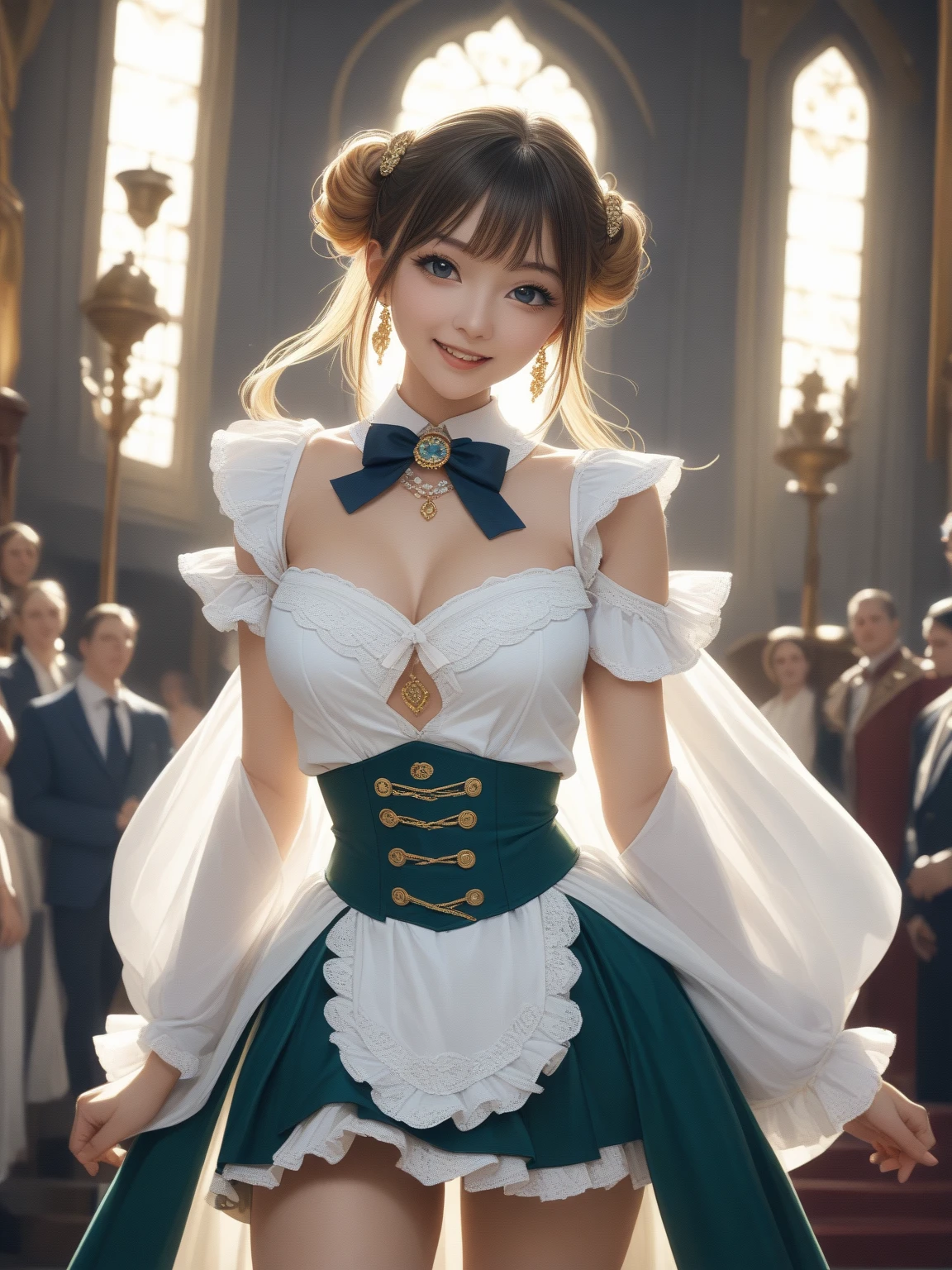 black_hair, blurry, blurry_background, blurry_foreground, bokeh, breasts, brown_eyes, button_gap, buttons, dancing, cleavage, collared_shirt, cosplay_photo, depth_of_field, large_breasts, lips, dancing