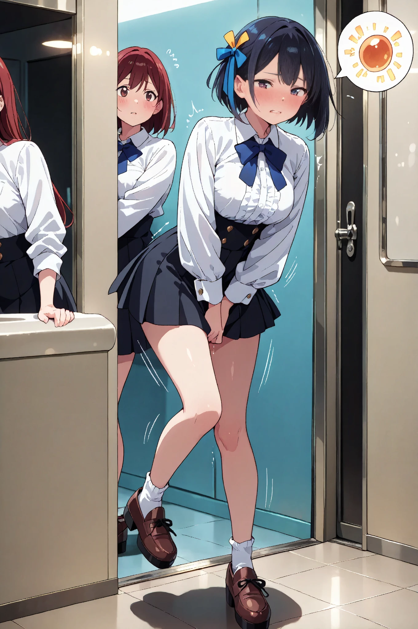 score_9, score_8_up, score_7_up, score_6_up, score_5_up, score_4_up, (extremely detailed and high-quality illustration), (best lighting effects, ultra-realistic), BREAK, several young girls, waiting in a line, long bathroom line, beautiful medium breasts, shiny skin, (flipped-out bob), (long-sleeve blouse with oversized bow tie at neckline, puffed shoulders and voluminous sleeves tapering into smocked cuffs with covered button details, high-waisted white pleated skirt, ankle socks with scalloped edges, leather platform loafers with ribbon laces and chunky soles), (she forced to hold her pee), (trying her best to hold pee in:1.3), (expression of worried and panic), squinting, parted lips, (urgent in deep panting), spoken filled bladder, (Impatience:1.2), (embarrassed), humiliated, learning forward, fidget pee dance, Quickly shifting from foot to foot standing on one leg, (double-cross legs), (skirt tug), (She focuses only intense hold her crotch:1.4), full body,