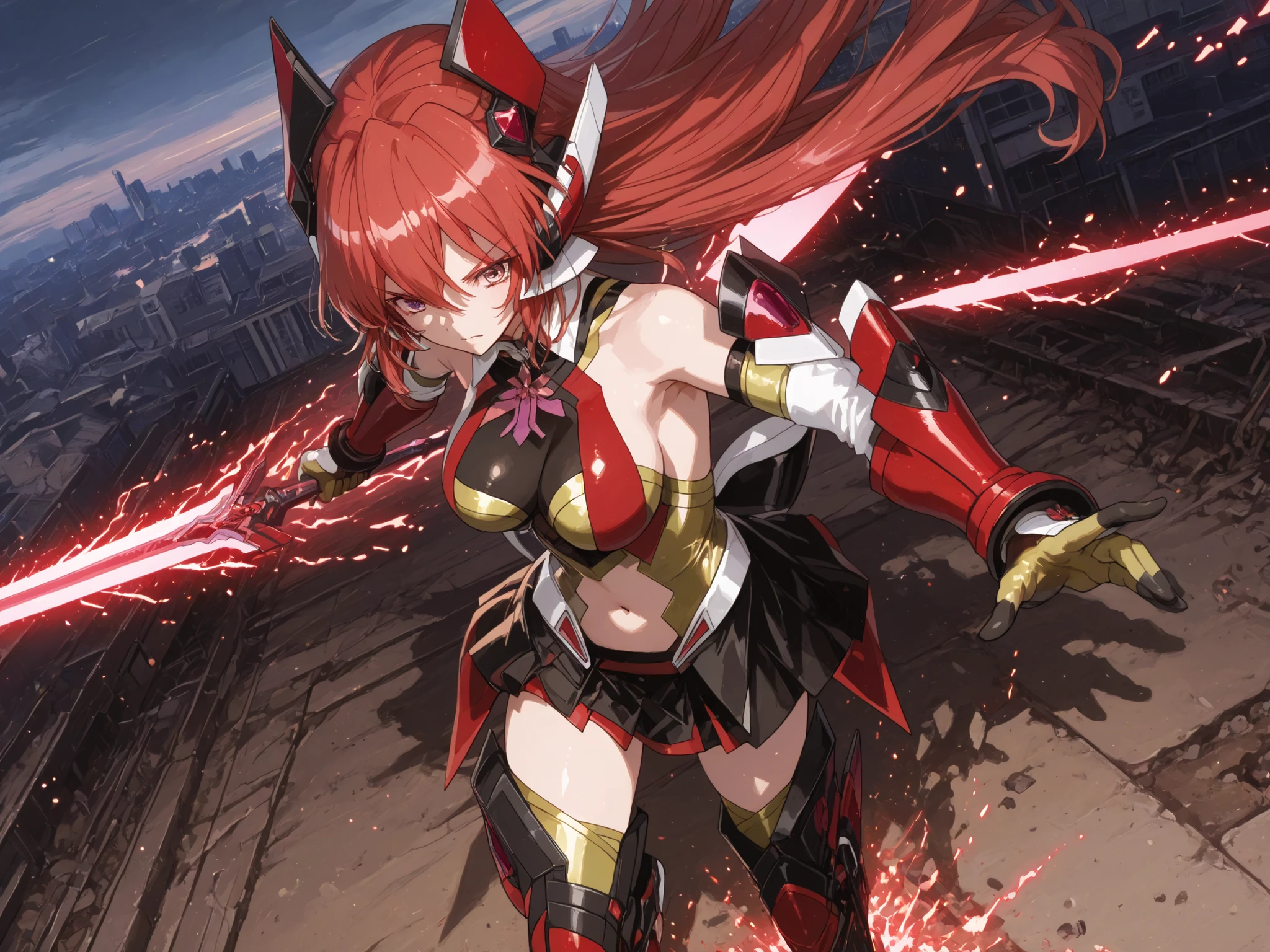 戦姫絶唱Symphogear、Symphogear、Yae Miko、Symphogearスタイル、Yae Miko、Score 9,score 8 up,score 7 or higher,score 6 up, score up 5,Score 4 up,((high quality illustration)), ((masterpiece)), ((is so delicate and beautiful)),((precise illustration)),((detail illustration)),((Anime Art Style)), high resolution, 8k, detail, perfect face, Highest Quality, (Ultra High Definition), Perfect Eyes,beautiful eyes, Break 1girl,solo,Symphogearスタイル, pixel particles explode ,growing, BREAK 赤 Symphogear, gold leotard , Disconnect, Belly button cover, red armor, black clothes, gold gloves , gold thighhighs , 金 elbow gloves, blacken clothes BRAKE ,赤en mechanical groves,blacken mechanical leg armors,赤en mechanical head gear(Ear),Crimson Eye, metal clothes ,Color of Armor : black,blacken gauntlet,blacken skirt,blacken head gear((Ear)),blacken grove,戦姫絶唱Symphogear、Symphogear、big boobs、big breasts、long hair、、Long Crimson Hair、long hair、Sky of Buildings、A listless look、No expression、Unmotivated、Energy Wing、 Exdrive 、UNLIMITED、Zitoida、adult woman、big breasts、big boobs、Soft Breasts、COOL WOMAN、solo、A living foot、A woman in her thirties、big breasts、blackいExcalibur、Excalibur、Magic Rim、taken from above