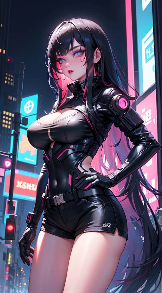 best quality, extremely detailed, anime style adult 1girl, long hair down to the waist, straight hair, ((dark black hair with bluish)),crown braid,beautiful detailed eyes, pinched eyes, dark blue eyes, huge breasts,curvy,(((cyberpunk and magical dress))),light smile,((amusement park)),animation cap,animated gif