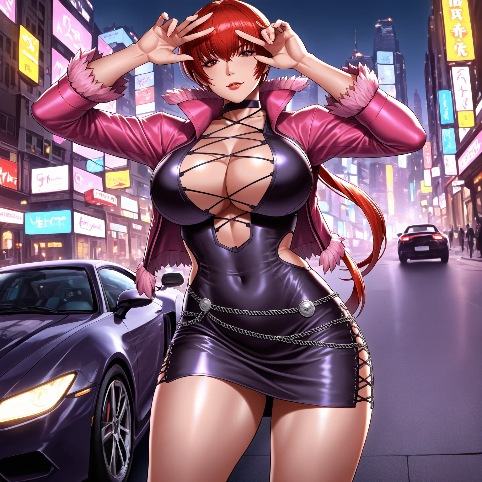 atractive woman is peforming, short hair,red hair,green eyes, lips, black dress, red trim, necklace, bare shoulders, sleeveless, standing, upper body, night club, neon lights, hips, skin tight, (insanely detailed, beautiful detailed face, masterpiece, best quality)