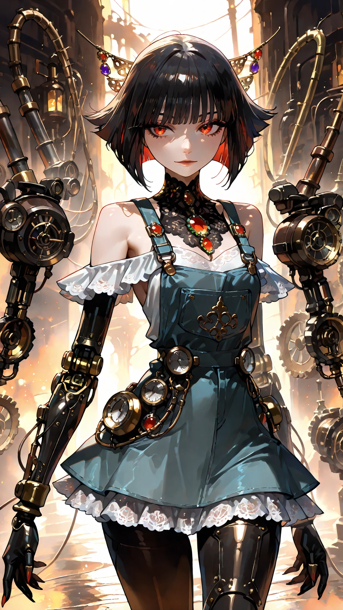 (((masterpiece))), (((Highest Quality))), (((Super Detailed))), Fighting Action Pose, 1 woman, (((very very slender body))), 18 years old, ((( short dark-haired bob for Japanese women , Thick and fluffy bangs ))), No cosmetics, Small, thin nose, Small Thin Lips , (((sharp gaze))), Glossy and Rubber Theme , Shines Like a Jewel, long eyelashes, (((Extremely Intricate Mechanical Steampunk Fashion , Overly Decorative Fashion, Sexy gothic fashion with bare shoulders, Lace and frill mini skirt, Lots of jewels, lace and frills adorned the fashion))), Abandoned Night, , a steampunk factory with complicated mechanics burns up and explodes, (((overall accuracy has improved dramatically, creating a Super Detailed and realistic image))).