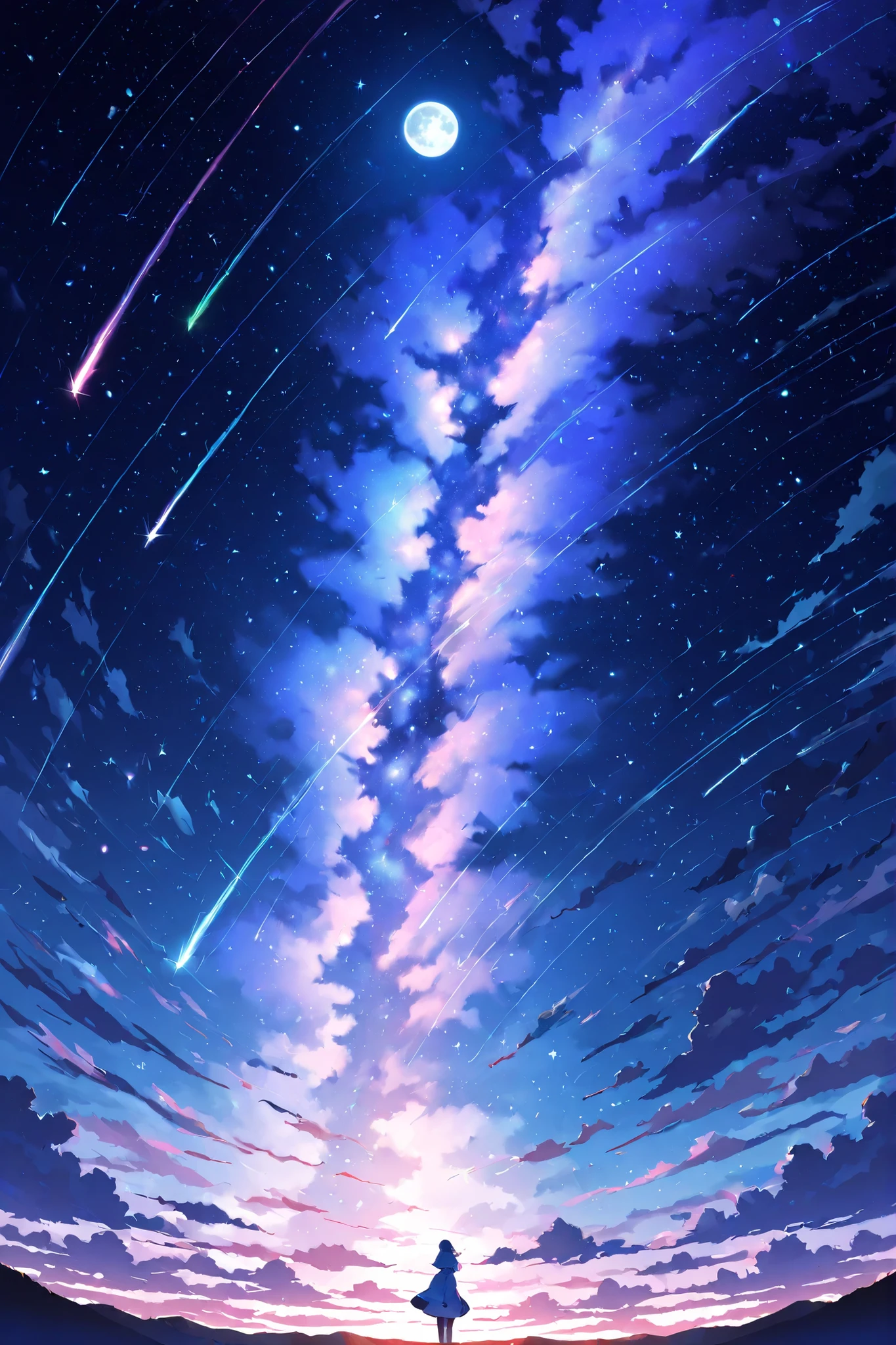 (masterpiece, vibrant colors, high detail) starry background, sky scene, night, full moon in sky, clouds, swirling pulses of magic, dream-like setting, fantasia like, surreal lines swirling, shooting stars,