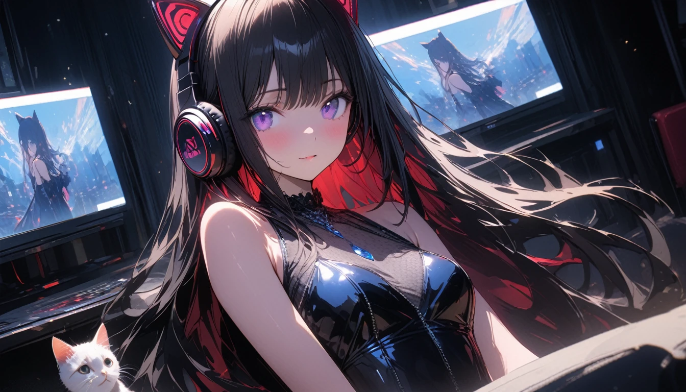 (((masterpiece))), (((highest quality))), (((From the side))), (((Play video games))), ((RPG game interface on TV)), Manga Bookshelf, ((PlayStation)), alone, A girl sitting on a sofa, wooden floor, ribbon, brown twintails, black lace dress, CD, doll, table, poster, window,, 、camel toe、huge tit、Nipple Puffs、cleavage、Plump、Super big breasts、super big butt、front