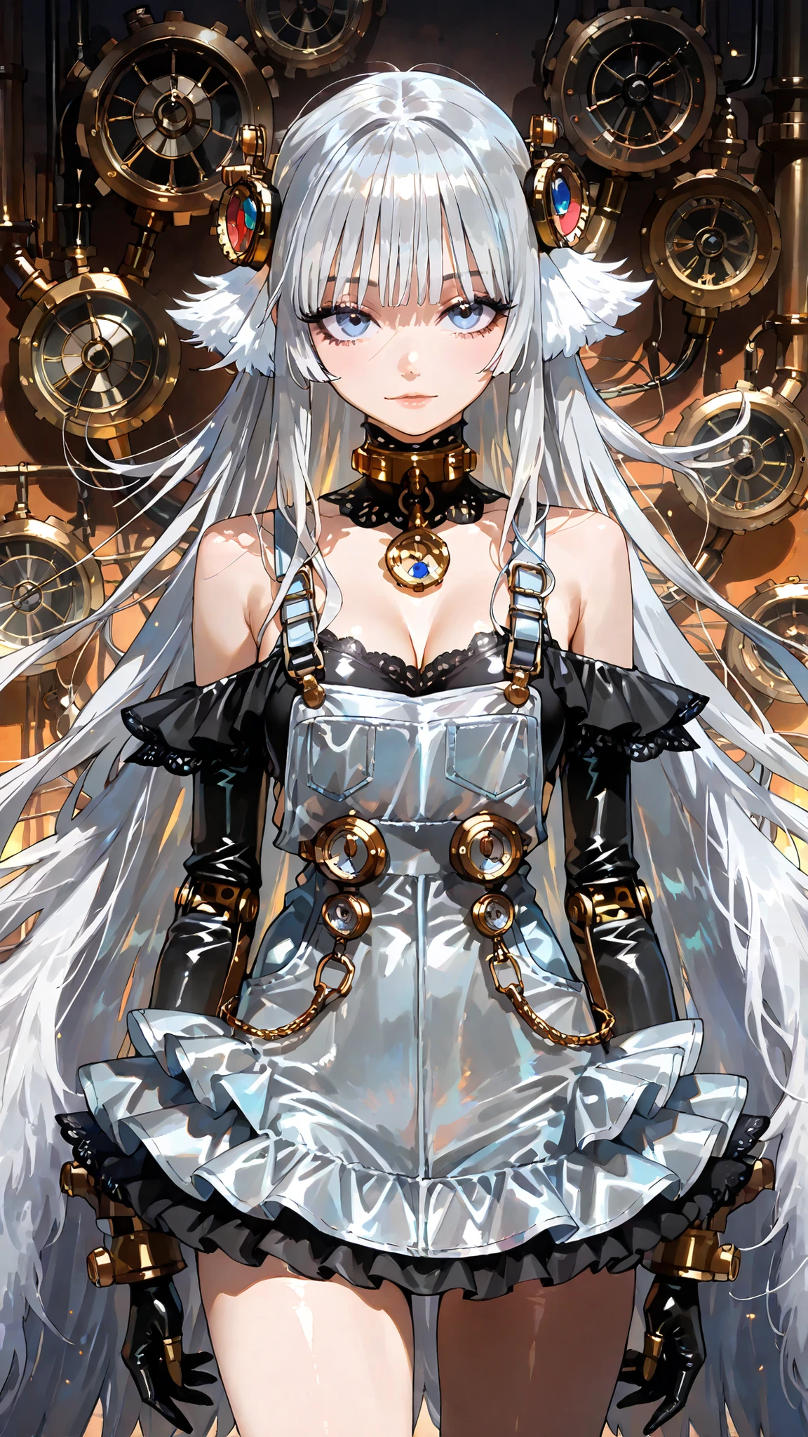 (((masterpiece))), (((Highest Quality))), (((Super Detailed))), Fighting Action Pose, 1 woman, (((very very slender body))), 18 years old, (((Long Silver Hair, Fluffy Bangs ))), No cosmetics, Small, thin nose, Small Thin Lips , (((sharp gaze))), Glossy and Rubber Theme , Shines Like a Jewel, long eyelashes, (((Extremely Intricate Mechanical Steampunk Fashion , Overly Decorative Fashion, Sexy gothic fashion with bare shoulders,leather tight mini dress,Rider-like collar, Lace and frill mini skirt, lots of jewels, lace, and frills adorn fashion))), Abandoned Night, A steampunk factory with complicated mechanical mechanics burns up and explodes, (((overall accuracy has improved dramatically, creating a Super Detailed and realistic image))).