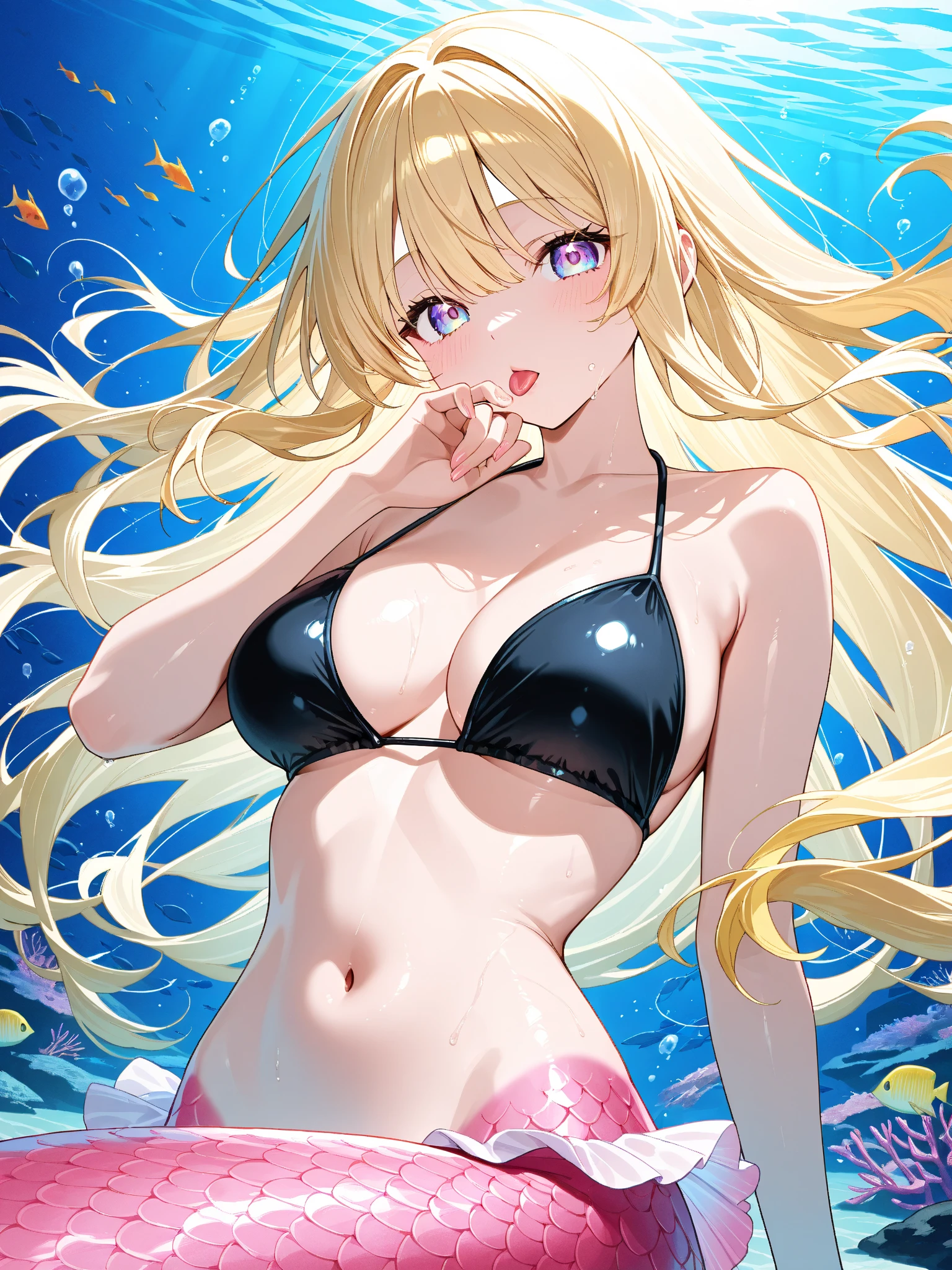 {best quality}, {{masterpiece}}, {highres}, extremely detailed girl, solo, sharp focus, 1girl, lambda11, blonde hair, red eyes, single braid, braid, medium breasts, (bikini), partially submerged, beach, water