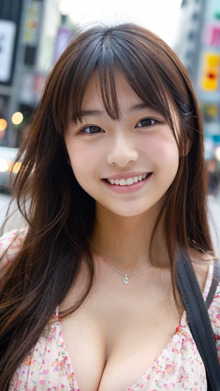 Beautiful woman,Japanese,swept bangs,bob hair,Black hair,Look at me,good smile,in street,sexy shoot,loins,take a close-up face,beaver,topless,masterpiece,best quality,ultra detailed