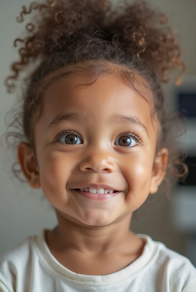 Create UHD photorealistic realistic photo, no animation, no 3d image, no pixar style animation, no extra fingers. 30-month-old French-African toddler girl wearing a stylish amber-colored dress, posing in front of a vintage oil painting. Shot with a Sony A1, 35mm f/1.4 lens, using golden hour lighting. High-end fashion-style family photo by a photographer with 30 years of experience.