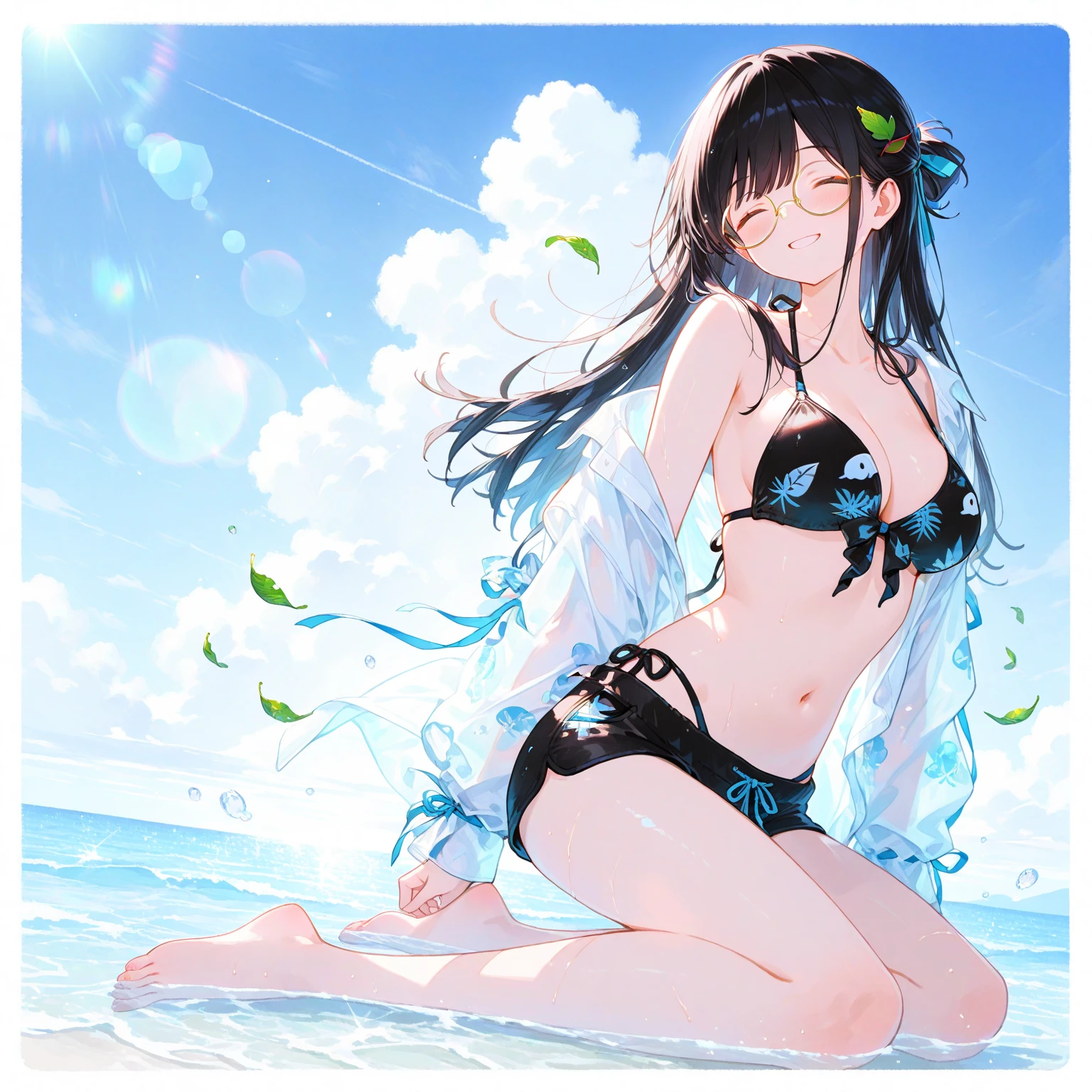 (full body, pov angel swimsuit style), (solo:2, 15 yo, curly:1.3 black hair long hair lovely girl, sexy red eyes, love smile, medium tits), (in a white shell:1.4 bra bikini, double exposure White Feather), break, in the Swimsuit contest venue, background Double Exposure beautiful ocean and feather, BREAK, perfect anatomy, masterpiece, best quality, 16k, beautiful detailed love, sexy, daydreaming expression.