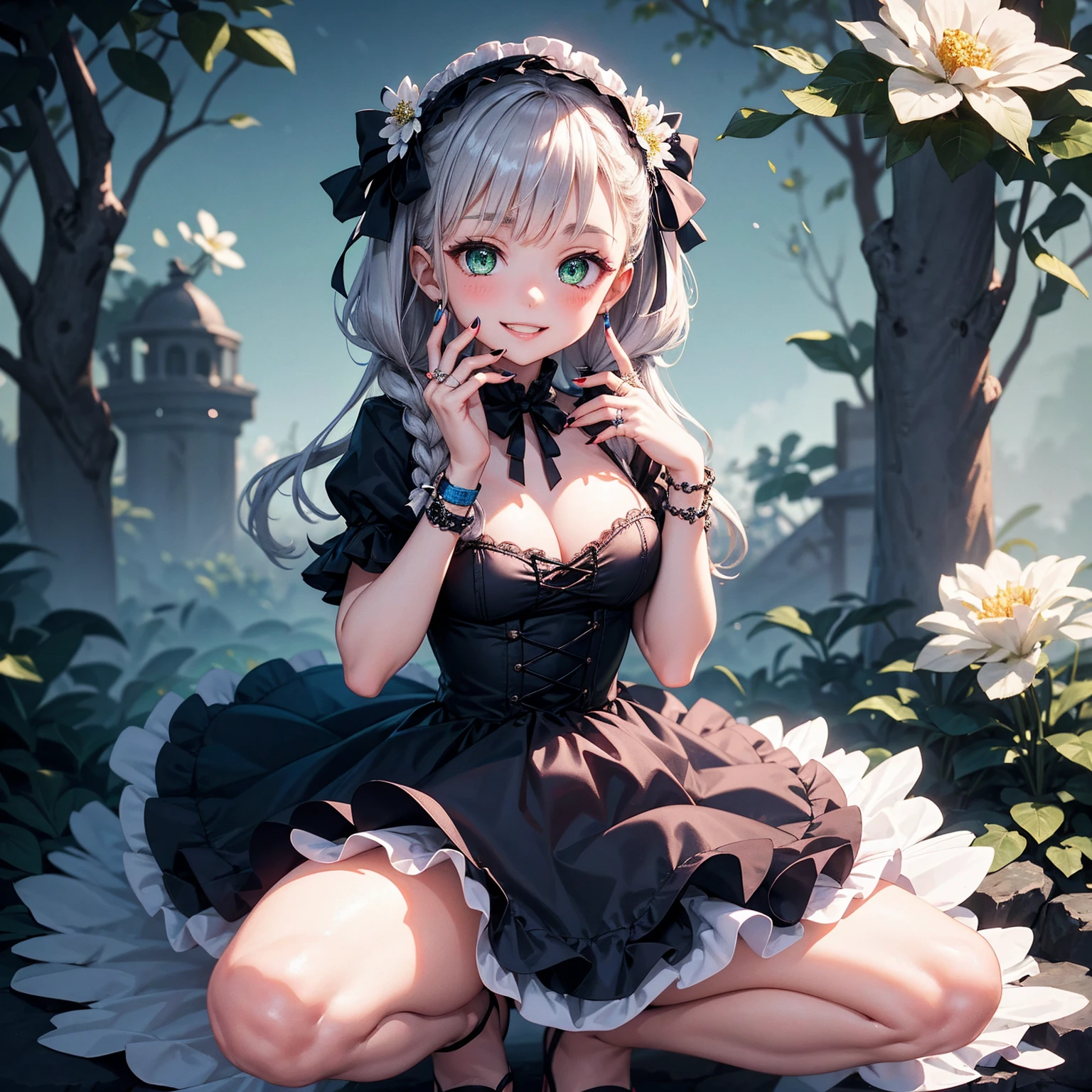 lighting like a movie、top-quality、Brown skin、Black skin、small tits、chiquita、Silver-haired low twin tails、National costume mini dress、Ruins in the forest、white panties、