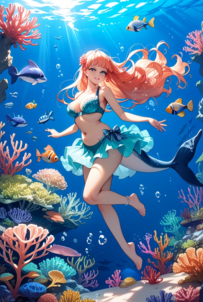 beautiful illustrations, highest quality, pretty girl, seaside、 pastel colour ,orange hair, green eyes、between legs、smile、blush、hands behind、mermaid、Fish fin、big breasts