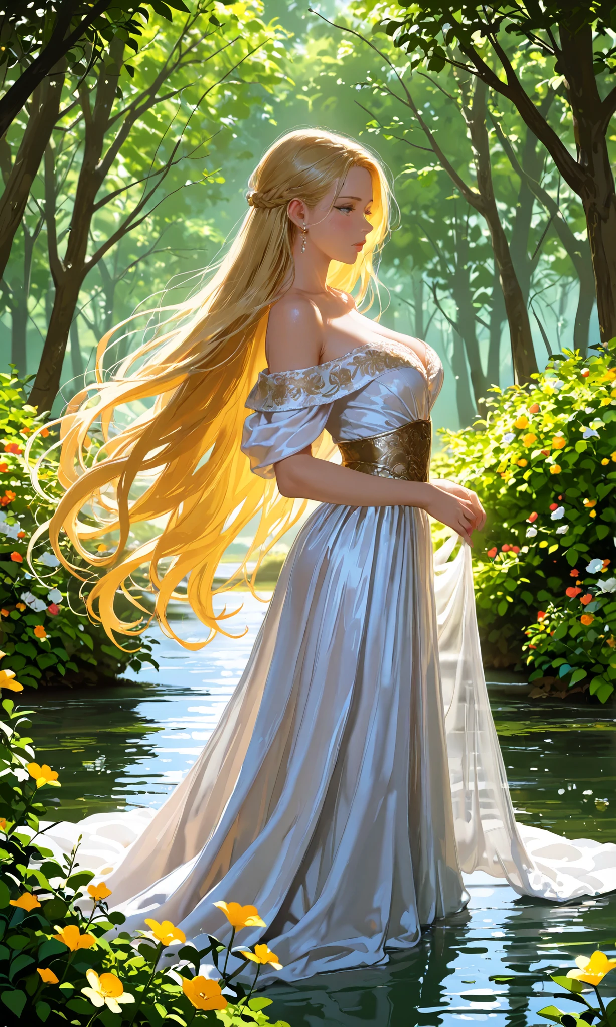 a stunningly beautiful woman with long flowing golden blonde hair and piercing golden eyes, wearing an elegant off-shoulder gown with intricate embroidery, standing in a lush garden with blooming flowers, warm sunlight filtering through the trees, a serene lake in the background, half body, from side, high quality, photorealistic, cinematic lighting, 8k, ultra-detailed, masterpiece, intricate design, elegant, graceful, alluring, mystical, fantasy, magical realism