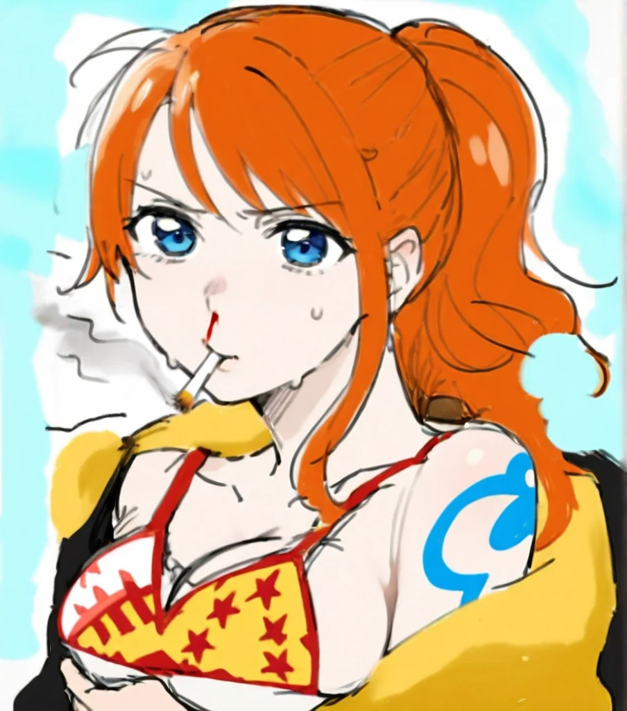 a cartoon picture of a woman in a bikini top and jeans, nami one piece, nami from one piece, nami, beautiful portrait of nami, from one piece, oppai, blue eyes, smoking, ponytail
