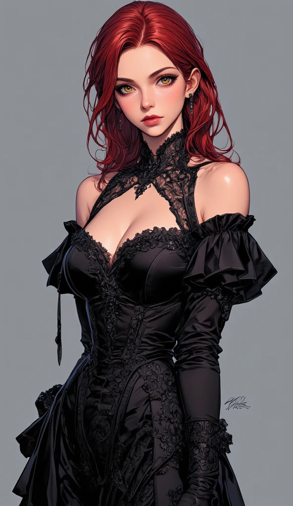 (masterpiece, best quality), 1girl, red hair, medium chest, gothic frill dress, pervert face, <lora:add_detail:1>
