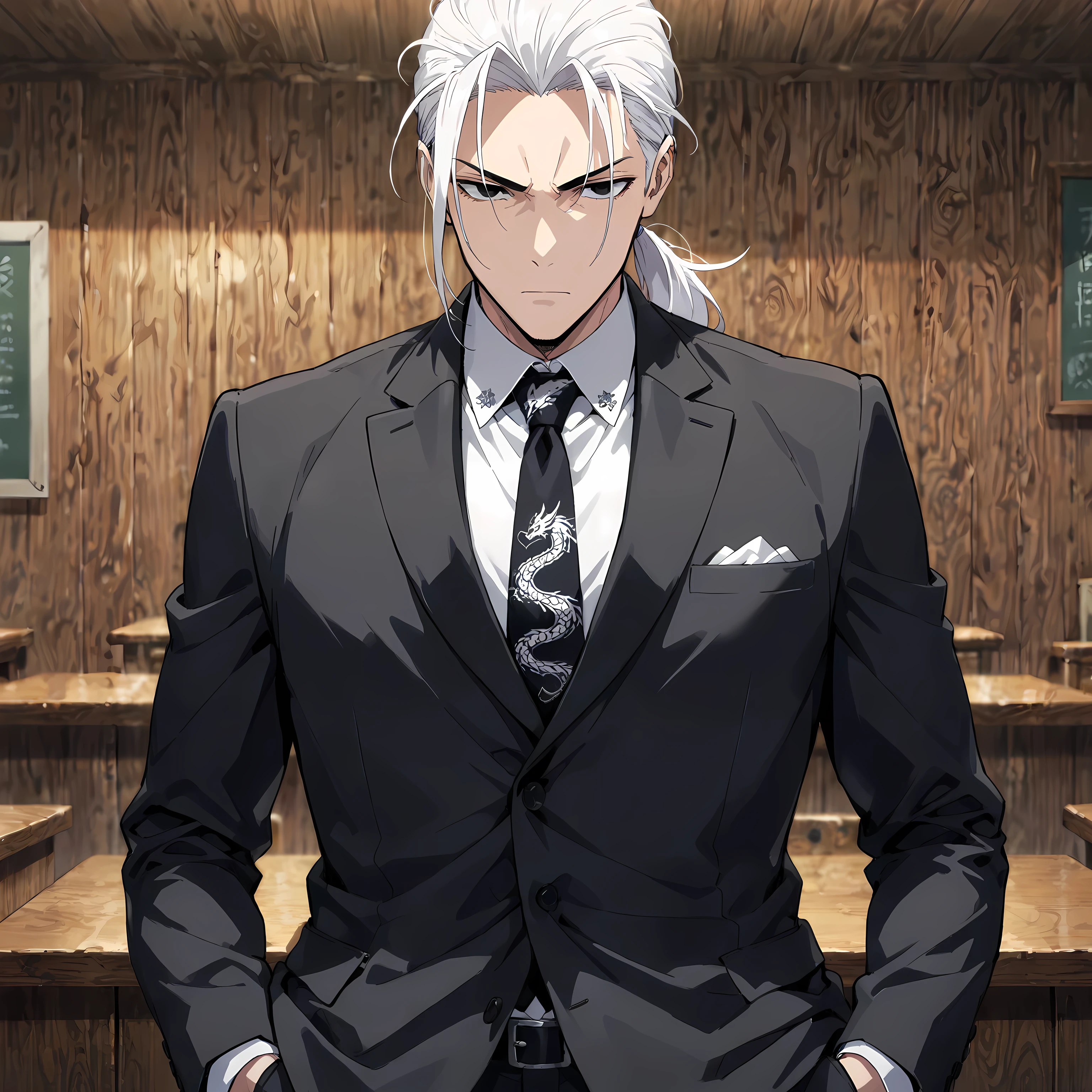 masterpiece , best quality , 1male , adult , solo , short white hair , ponytail , vibrant black eyes , black suit and tie , dragon design on tie , serious expression , standing still , hand in pocket , board room meeting background , perfect background