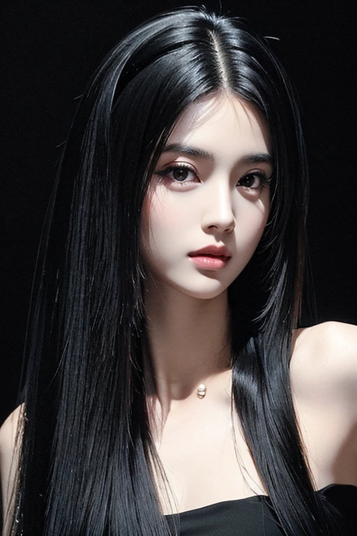 accessories,Gothic style,Quiet,Light makeup,Sexy,Peerless Beauty,Intellectual,clavicle,Neat long hair,Black Hair,Delicate face,Exquisite facial features,Sexy blue sweater。