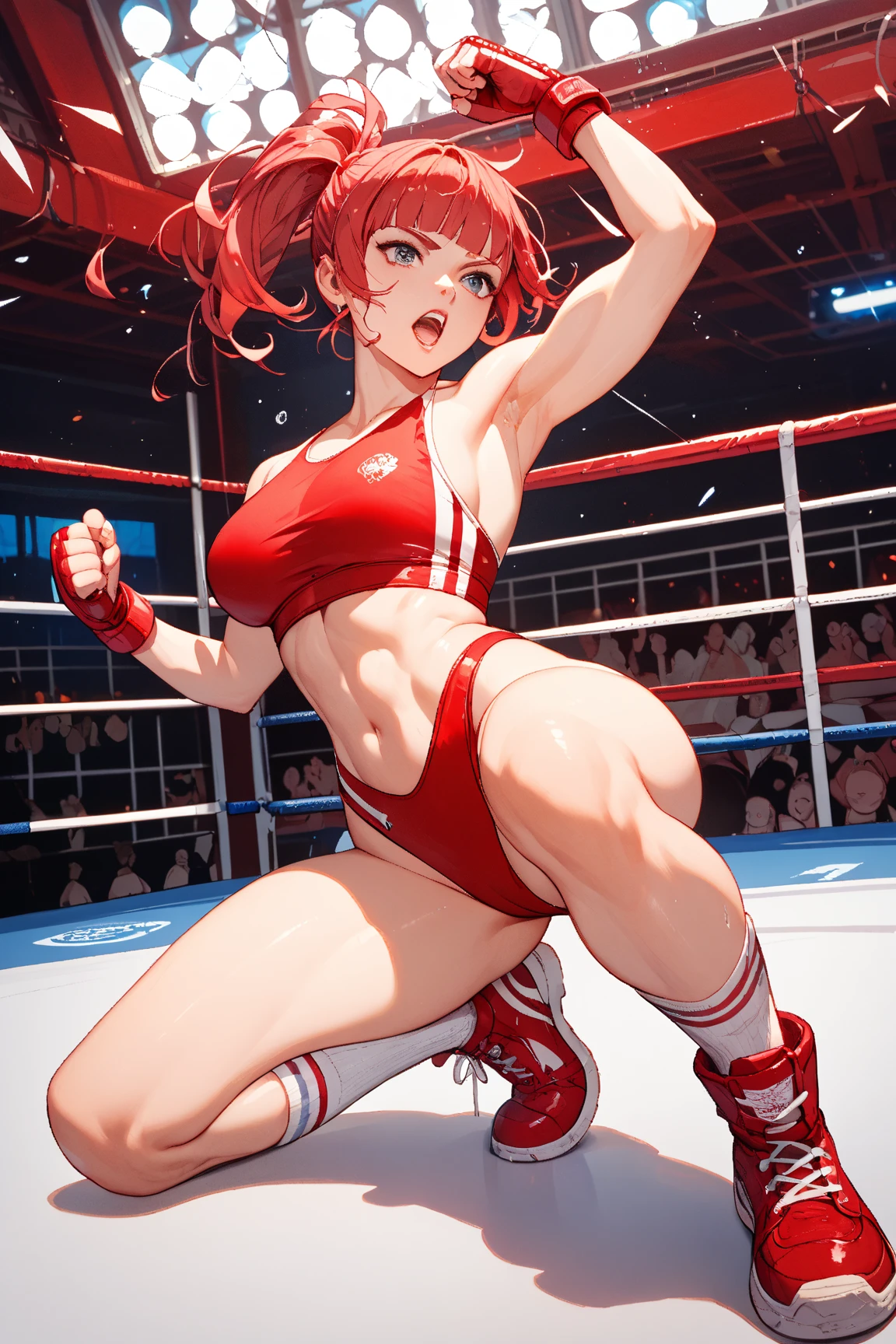 score_9, score_8_up, score_7_up, cute girl, beautiful face, serious, :O, red eye shadow, attitude, sexy, model, perfect, very sweaty, breathing, (large breasts), shiny skin, oiled up, thick thighs, sitting, crossed legs, from below, a_tst, 1girl, light skin, long messy hair, red hair, bun, blue eyes, band obscured eye, plump lips, small upturned nose, strawberry themed sports bra, midriff, toned, legs together, ((tennis skirt)), strawberry themed boxing gloves, hands on own chest, cocky, smug, boxing ring, red compression thighhighs, dynamic, cowboy shot, thigh gap, knee up photo, object out of frame, glowing eyes, wet skin, very sweaty, sweat droplets all over body