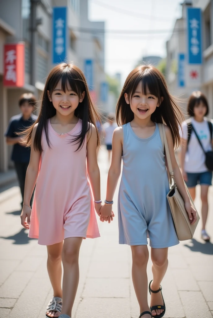 (Two 8-year-old Japanese elementary school girls), 110 cm tall and super enormous-breasted, (super enormous breasts), are walking to school wearing Baby blue micro, Baby blue micro mini tank tops, (navel-baring), and carrying randsel,