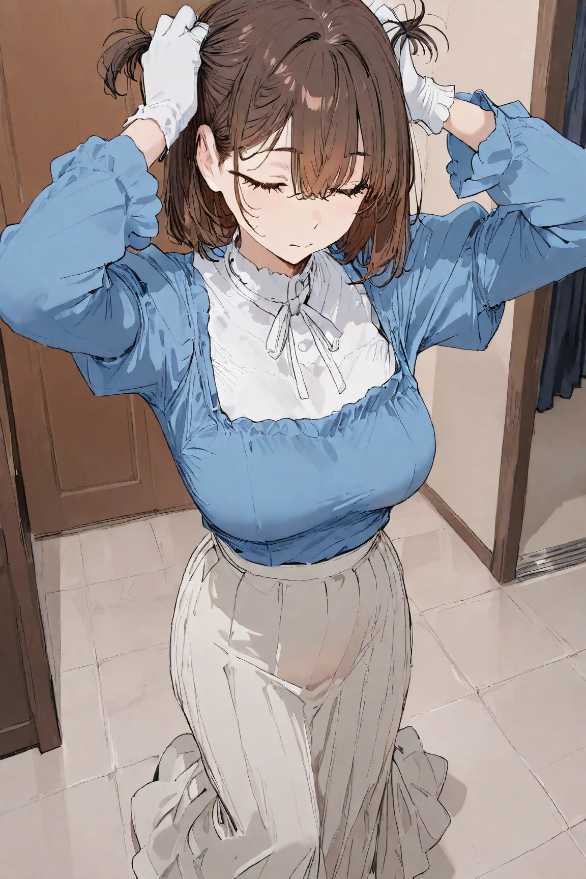 aafumika, idolmaster, long hair, hairband, collarbone, necklace, blue sweater, blue shawl, brown skirt, masterpiece, best quality