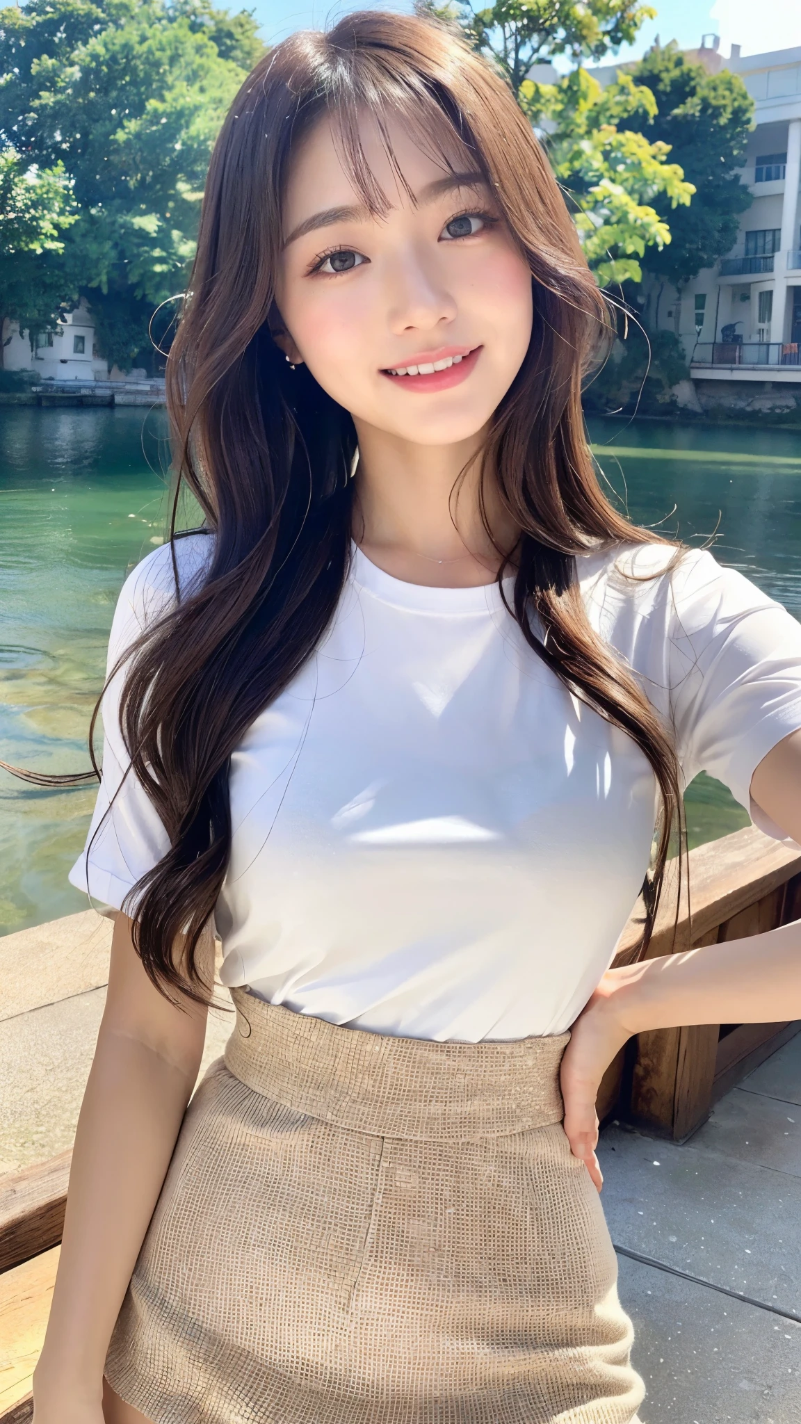 rainbow，A nice and cute girl，whole body照片，Extremely beautiful and exquisite，Black hair，Sweet smile，whole body，Delicate, beautiful and fair skin，Realistic and realistic，Exquisite and complete  features，Detailed depiction of face，High nose bridge，smooth hair，Extremely fragile hair，Femininity，Light up your face，High and tall，Thin，real，Surrealism，whole body拍摄，Forward tilt angle,Ultimate image quality,Highest precision, Precise and perfect human 。Blue sky and white clouds，Standing on the grassland，Sunlight，(Pleated Skirt)