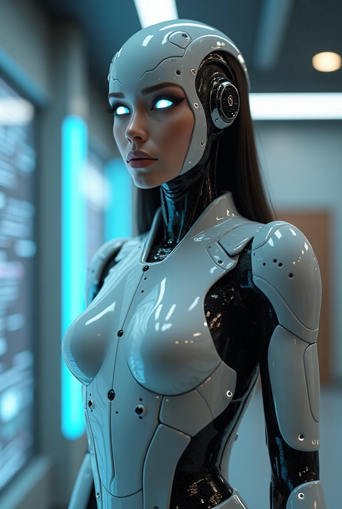 Ultra-professional cinematic landscape photo of a giant female android (EDI), Chalkboard atmosphere, Cinematic, Global illumination, muted colors, Dark shot, muted colors, grainy film, lute, (((surreal details))), Intricate details, hyper detailed, midnight, widescreen background, Wadim Kashin detailed forest 8k, (NSFW), ultra warm colors,