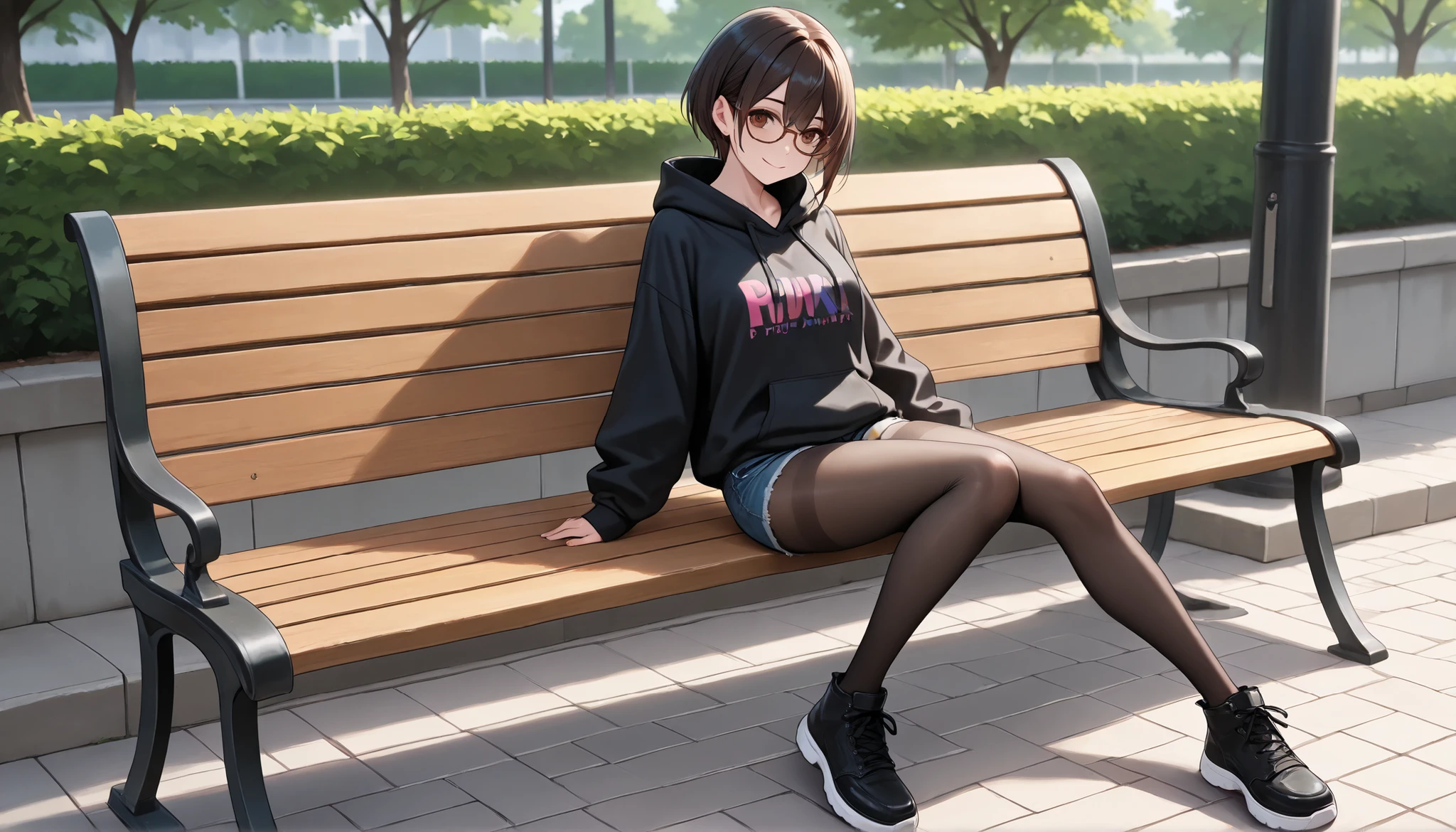 ((solo)), Full Body Visible, hair tacking , 素晴らしいmasterpiece, top quality, high fashion, Extremely ridiculous, HDR, Intricate Details Right After Group Rape, bright colors, very cute face, masterpiece, 最High Quality, High Quality, ultra detailed, Very awa, black shorthair, brown eyes, Smile Yan, On a bench in a nature-rich park, Outdoors, Moderate bust, hoodie tuck out, denim shorts, I put an unknown man's cock in the cowgirl position in tights, brown glasses
