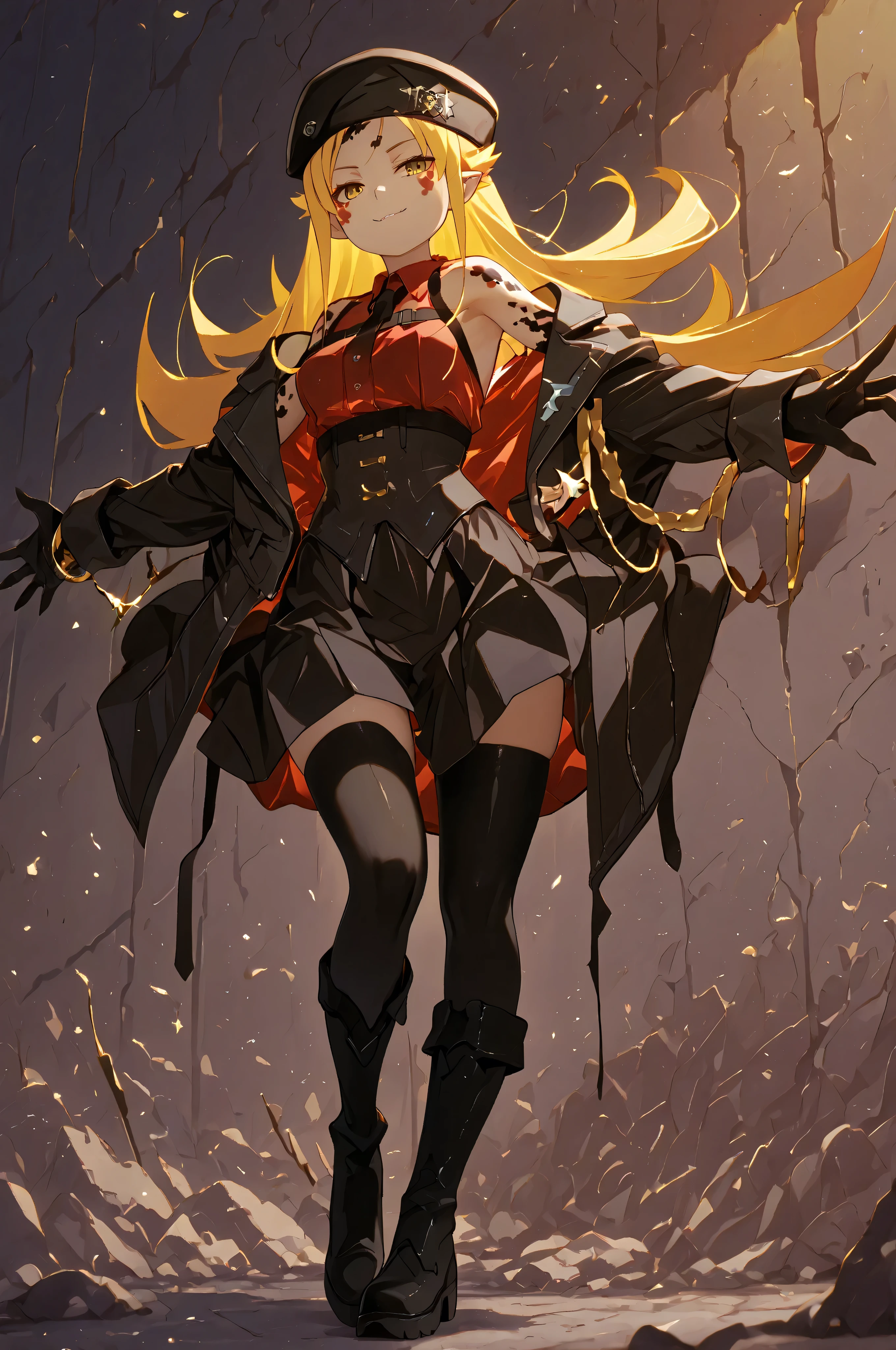 A single character, a character with the height of Oshino Shinobu from Monogatari Series, with medium breasts, a large butt, wide hips, and a small waist. Long blond hair with spiky, curved ends like Oshino Shinobu's from Monogatari Series. A provocative smile, clawed hands and feet, and slightly pointed ears, long black horns like those of a Japanese oni coming out of the forehead, horns like those of Zero Two from Darling in the Franxx (but the horns are long).

Black military jacket, detailed jacket, jacket with gold medals. Military underwear with a red blouse and black tie, a short black skirt. Long black stockings and black military boots. Jacket falling down the arms, shoulders exposed, black markings on the shoulders with reddish spots, black hands and arms with reddish spots, black hands with reddish spots, black arms with reddish spots.

Red military beret tilted slightly to the side on the head. Golden eyes like Oshino Shinobu's from Monogatari Series. Eyes exposed. Golden bracelets on the wrists with broken chains on them, eyes with the same design as Sylpha Langlis from Tensei Shitara Dai Nana Ōji.