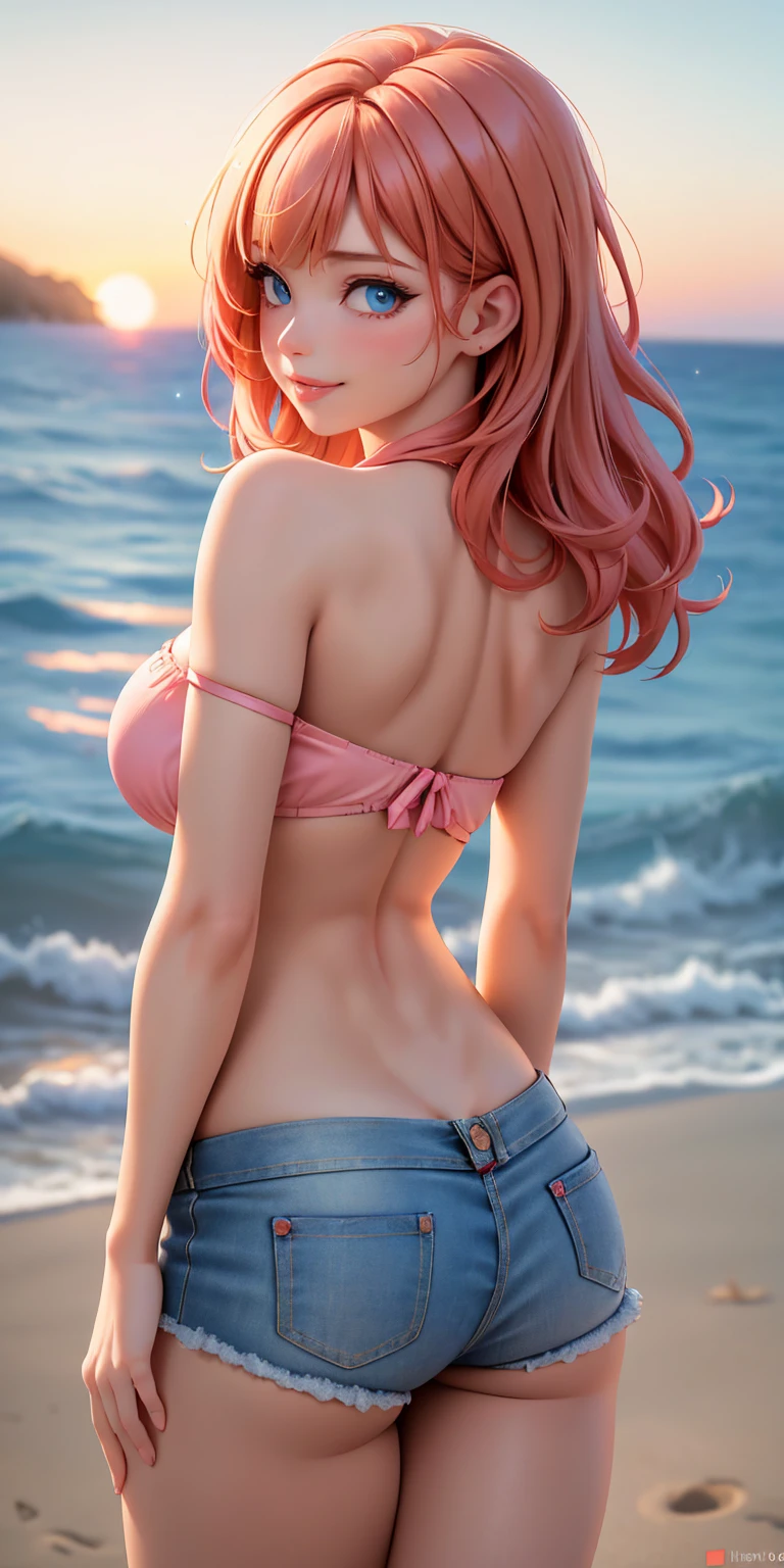 nsfw, (realistic:1.5), photorealistic, octane render, (hyperrealistic:1.2), ((((in the center)))), (photorealistic face:1.2), (1girl:1.4), mini breasts, best quality, 1girl, outdoors, in ocean, standing, looking at viewer, looking down, sharp focus, (8k), (4k), (Masterpiece), (Best Quality), (realistic skin texture), extremely detailed, intricate, hyper detailed, (perfect face), illustration, soft lighting, (specular lighting:1.4), green eyes, elf, druid, freckles, pink hair, hair ribbon, elf ears, portrait, art, half elf, pointy ears, high resolution, sharp detail, curvaceous, (pink bra), thong straps, shiny skin, shiny clothes, (oiled body), (wet breasts), blush, naughty face, female focus, (denim short shorts), (skindentation:1.3),thick eyelashes,long eyelashes, bun hairstyle,