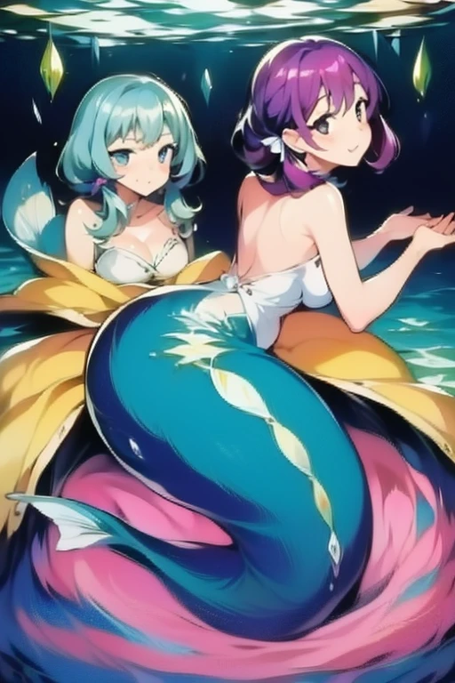(mermaid:1.0), black long mermaid tail, full body, midriff shirt, beautiful perfect symmetrical face, beautiful cute anime teenager girl, full body,, comic styled, under the sea