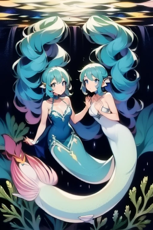 ((best quality)), ((highly detailed)), absurdres, detailed face, beautiful face, (detailed eyes, deep eyes), (1girl), close-up, dynamic pose, cowboy shot, <lora:aiomonstergirls_loraLocon:.5>, <lora:animeMermaid_v10:1>, (mermaid), ((multicolored hair)), blue hair, medium hair, coral eyes, fins, head fins, tankini, underwater, (outdoors, at an altar, midday), <lora:SaltyXodium_Style:.8>, SaltyXodium, soft lineart, loft shading