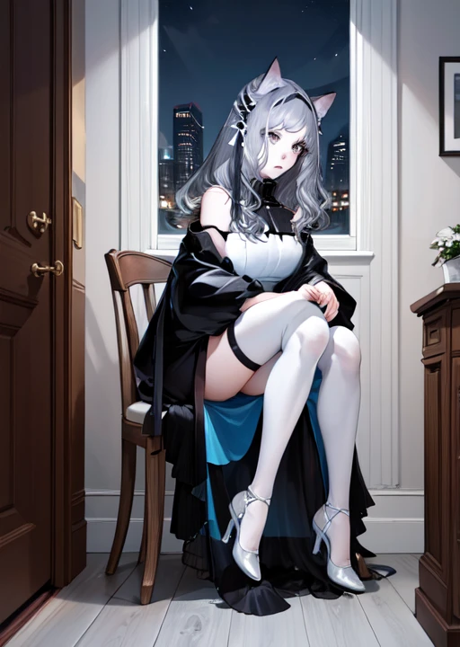 chenhai, 1girl, dress, hair_ornament, chair, bare_shoulders, sitting, gloves, light_particles, looking_at_viewer, high_heels, black_gloves, ((masterpiece)),(((bestquality))),((ultra-detailed)),((illustration)),((disheveledhair))