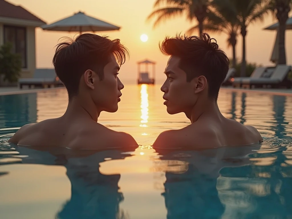 hyper realistic image of two men, a handsome 30 year old korean man with mature features sitting on top of a handsome 18 year old japanese man who is lying down, medium middle parting hair, kissing passionately with tongue, looking lovingly at each other, sunset in the background, lying on beautiful beach, side view, highly detailed, intricate details, sharp focus, romantic atmosphere, dramatic back lighting, dynamic shadows
