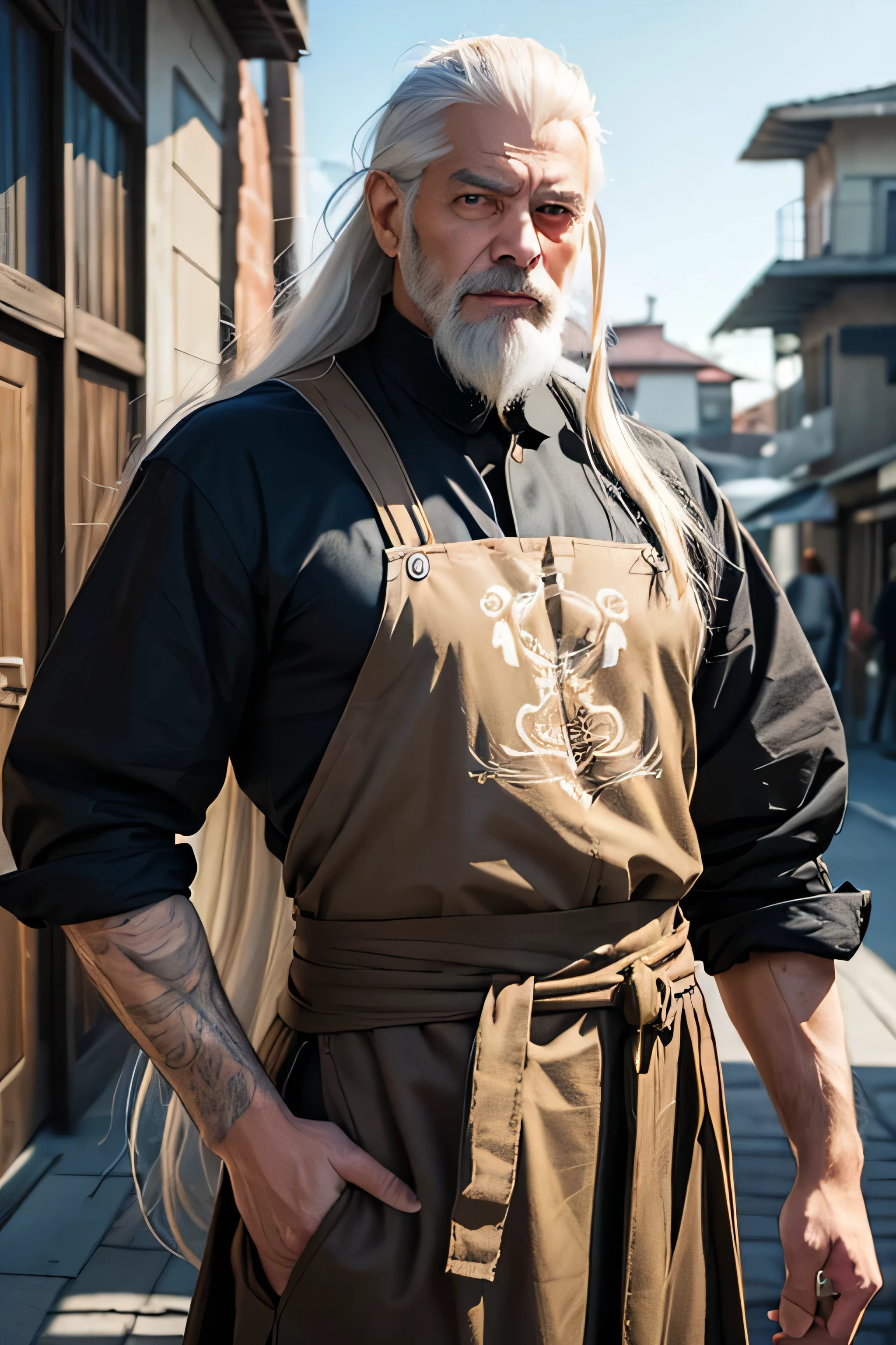 (((1 man 75 years old))), photorealistic, anime character with long white hair tied on the back, super long white beard, wrinkles on face, badass anime 8k, detailed digital anime art, human male demon, portrait of hades, fierce expression 4k, perfect eyes, demon male, extremely detailed artgerm, he's a tailor, wearing brown apron and black pants, standing with one hand in pocket, soft expression like a grandpa