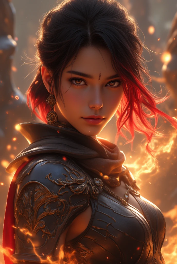 a beautiful woman with short fiery red hair, detailed eyes, full lips, and a slim figure, wearing a revealing fantasy outfit with fire elemental patterns and designs, surrounded by swirling flames and fire energy, in a fantastical, otherworldly landscape, (best quality,4k,8k,highres,masterpiece:1.2),ultra-detailed,(realistic,photorealistic,photo-realistic:1.37),intricate details,HDR,UHD,vivid colors,fantasy,cinematic lighting,dramatic pose,hyper detailed,volumetric lighting,highly detailed facial features,extremely detailed skin,extremely detailed clothing,extremely detailed background,extremely detailed fire effects,fantasy art,digital art