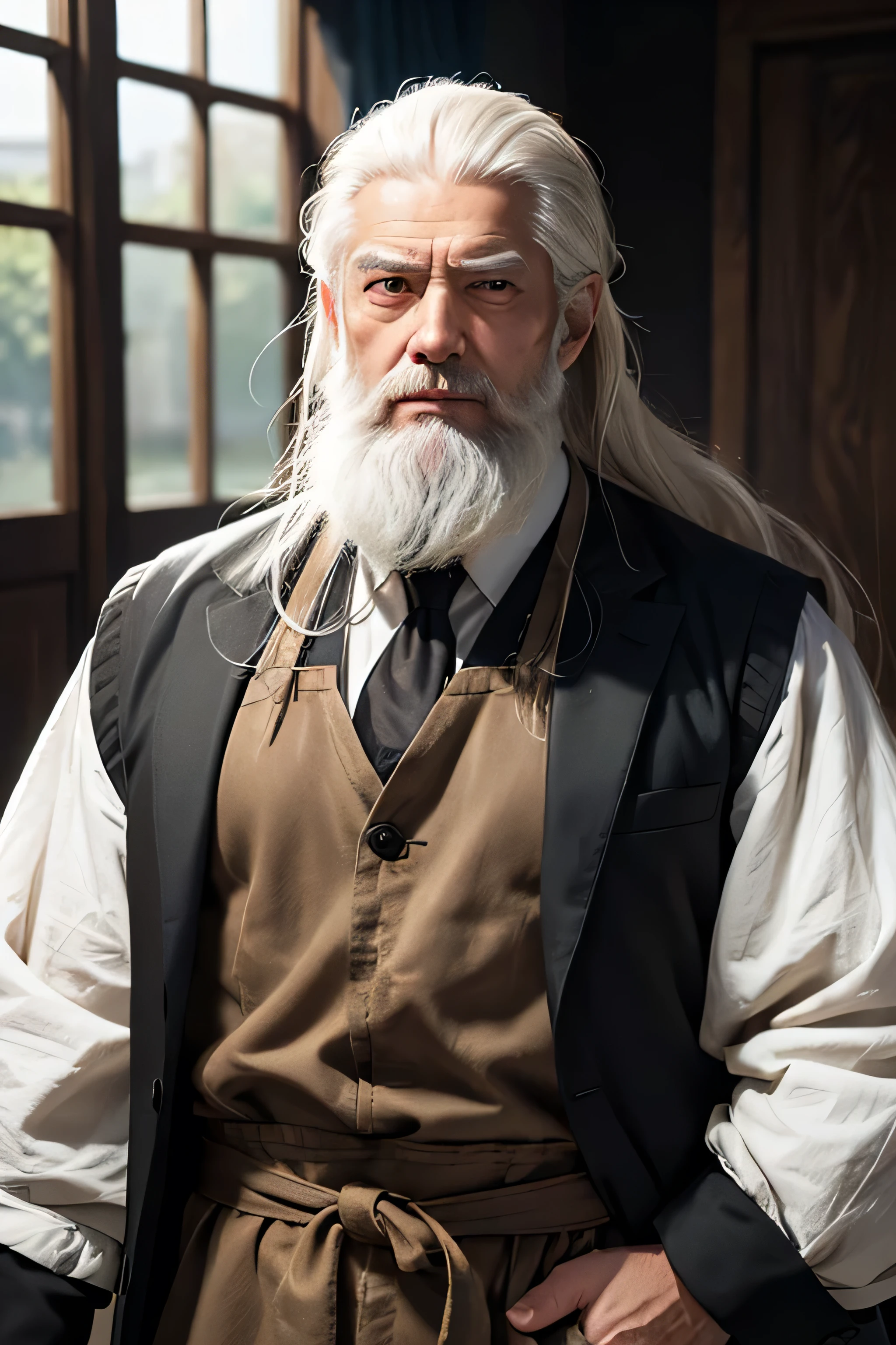 (((1 man 75 years old))), photorealistic, anime character with long white hair tied on the back, super long white beard, wrinkles on face, badass anime 8k, detailed digital anime art, human male demon, portrait of hades, fierce expression 4k, perfect eyes, demon male, extremely detailed artgerm, he's a tailor, wearing brown apron and black pants, standing with one hand in pocket, soft expression like a grandpa