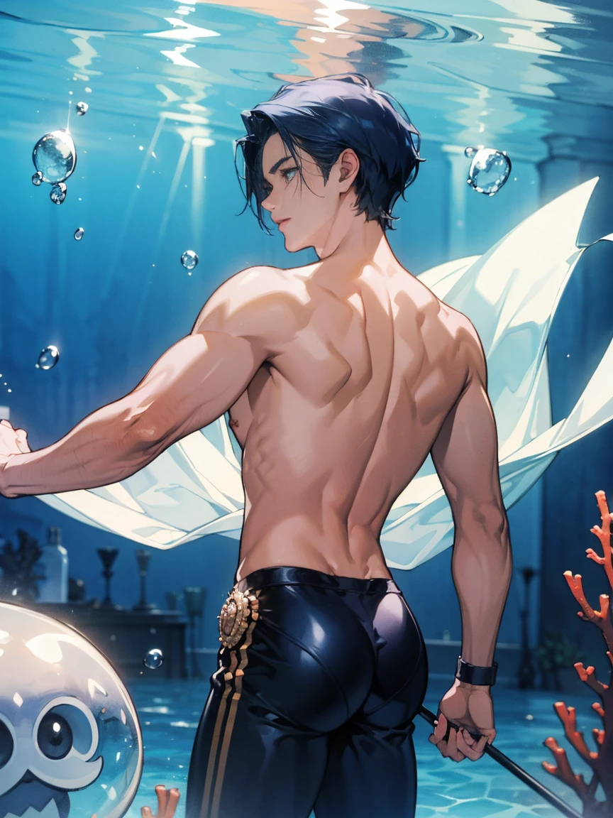 Asian boy , in a glittery thong , delicious back crack, on round chair ,