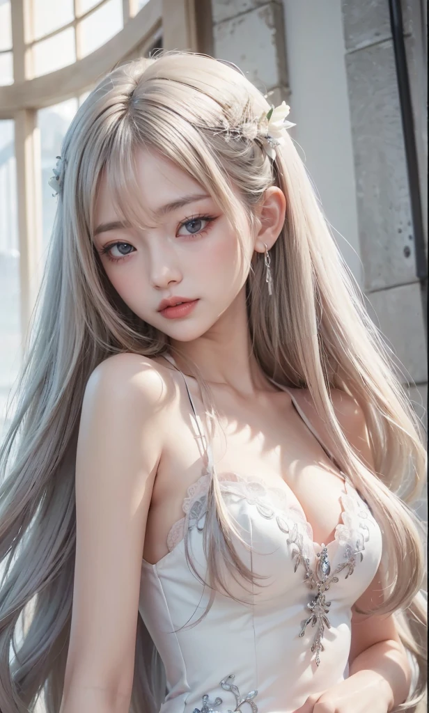 top-quality、masterpiece、超A high resolution、(Photorealsitic:1.4)、Raw photo、女の子1人、13years、Platinum Hair、sad Facial expression、glowy skin、((super realistic details))、portlate、globalillumination、Shadow、octan render、8K、ultrasharp、Colossal tits、White Mini Bra、highly intricate detail、Realistic light、CGSoation Trends、a purple eye、radiant eyes、Facing the camera、neon details、sitting on、Futuristic hair ornament、Gundam、Small LED lamp、Purple neon lighting、Green neon lighting、