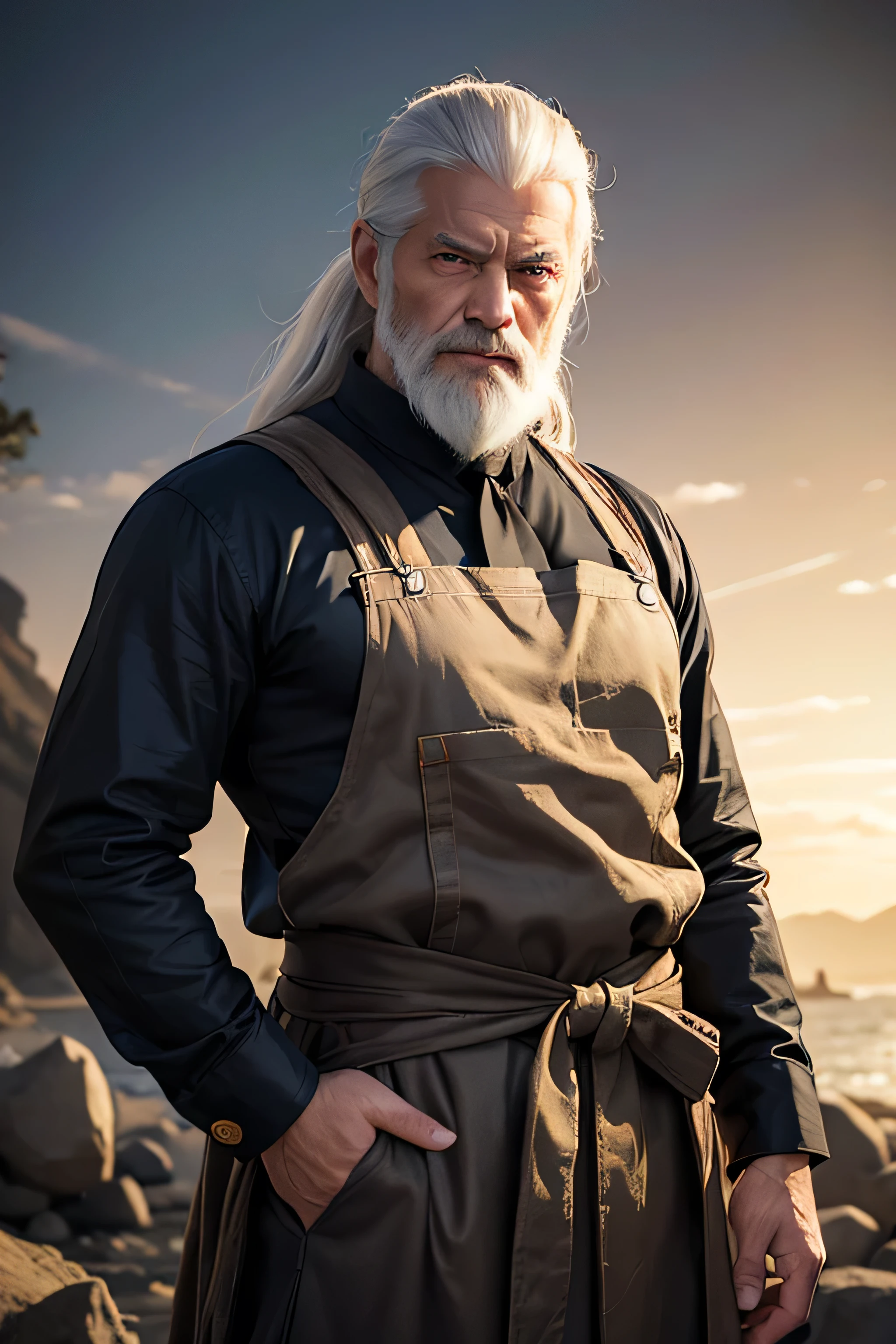 (((1 man 75 years old))), photorealistic, anime character with long white hair tied on the back, super long white beard, wrinkles on face, badass anime 8k, detailed digital anime art, human male demon, portrait of hades, fierce expression 4k, perfect eyes, demon male, extremely detailed artgerm, he's a tailor, wearing brown apron and black pants, standing with one hand in pocket, soft expression like a grandpa