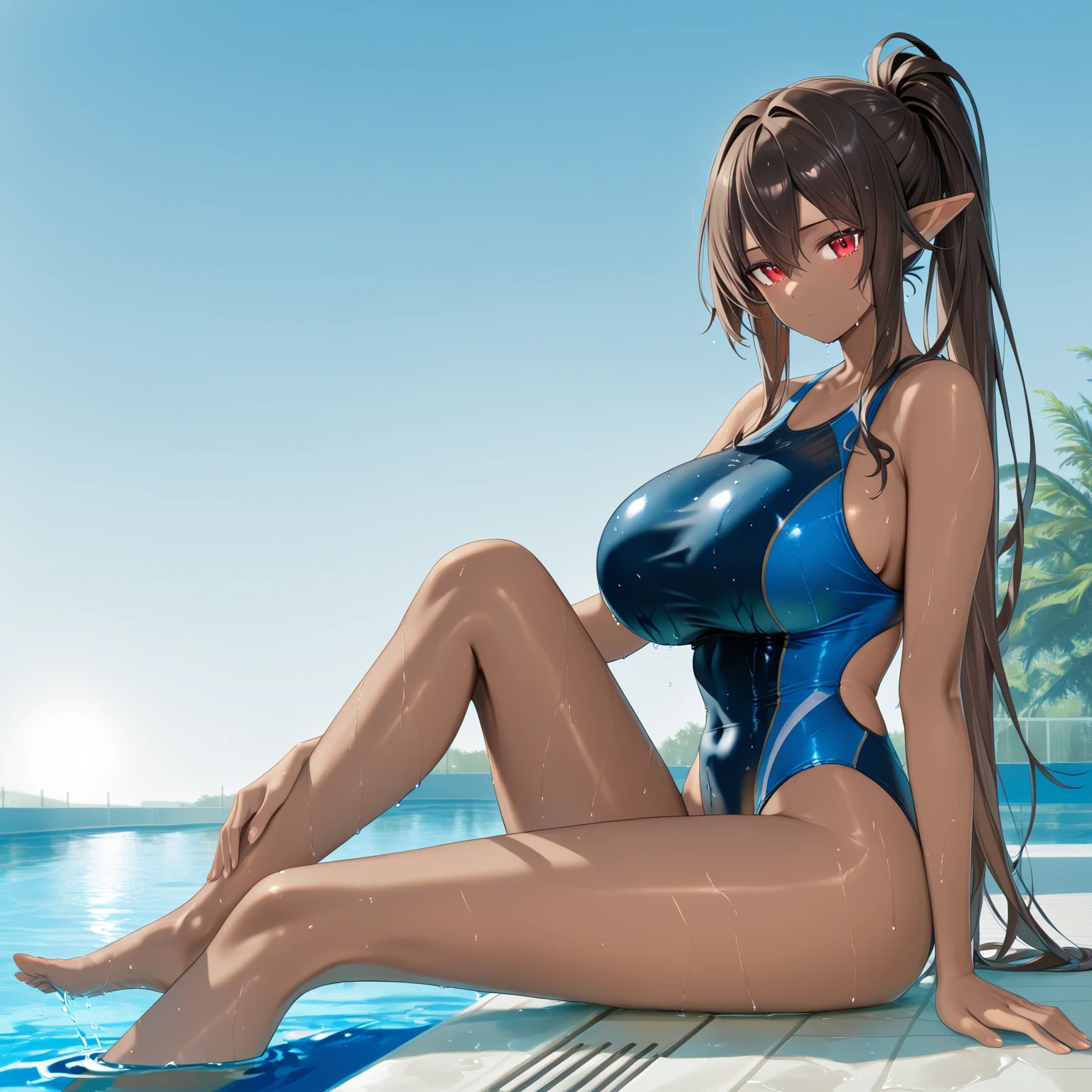 (4K,masterpiece,best quality,ultra detailed,high resolution),(daytime,bloom,lighting forward),((solo)),looking viewer,(beautiful girl),(teenage),(black hair),(beautiful detailed face,beautiful detailed eyes),(finely detailed skin,fair skin),slender,light smile,shy,(one piece competition swimsuits),(on the besutiful lake,beautiful sky),(arms behind back),(cowboy shot,from below),big breast,
