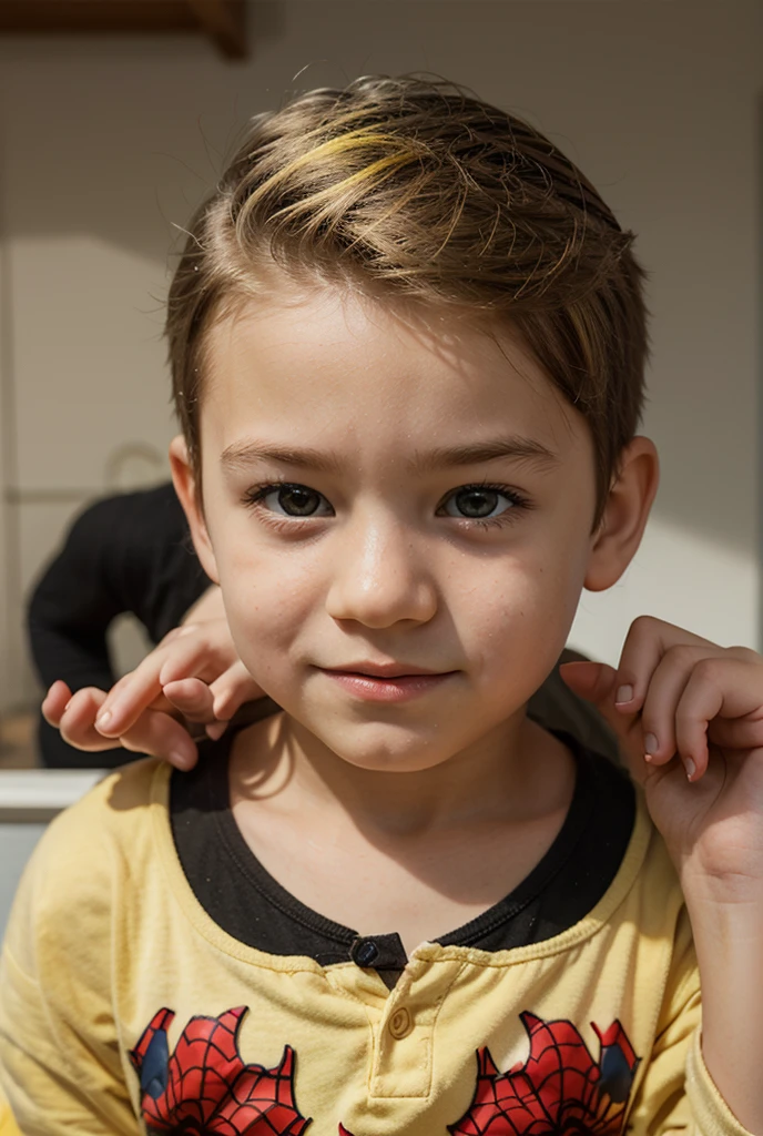 “A young handsome Caucasian little boy with brown hair, detailed hair, blue eyes named Peter Parker, kid, 6 years old, solo, 1boy, perfect face, wearing casual clothes.”