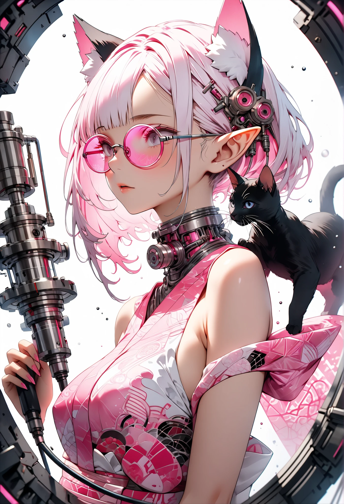 ether machine girl、Fluffy white fur grows from behind the ears Ears {x} pink similar to blood vessels connected to the neck and back Tube {x} intricate illustrations in an imaginative cyberpunk art style, Translucent white short hair (black cat ears) Stylish Watercolor Pink Pattern, She is wearing a beautiful kimono, (round pink glasses:1.2), transparent pink culture solution.pink and white mechanical body,, on white background , connecting the tube to an external machine、, Girl looking down,bust, Brush Blur Effect,( high quality, and high precision, 4K, 8k:1.5), ultra detailed.physical base rendering,Ultra-fine coating,Cinematic Lighting, Vivid, and vivid colors, professional shooting resolution,Award-winning、sexy、Erotic、open shoulders、thighs、Nipples、オープンbust、close-up from below、There are no black cats